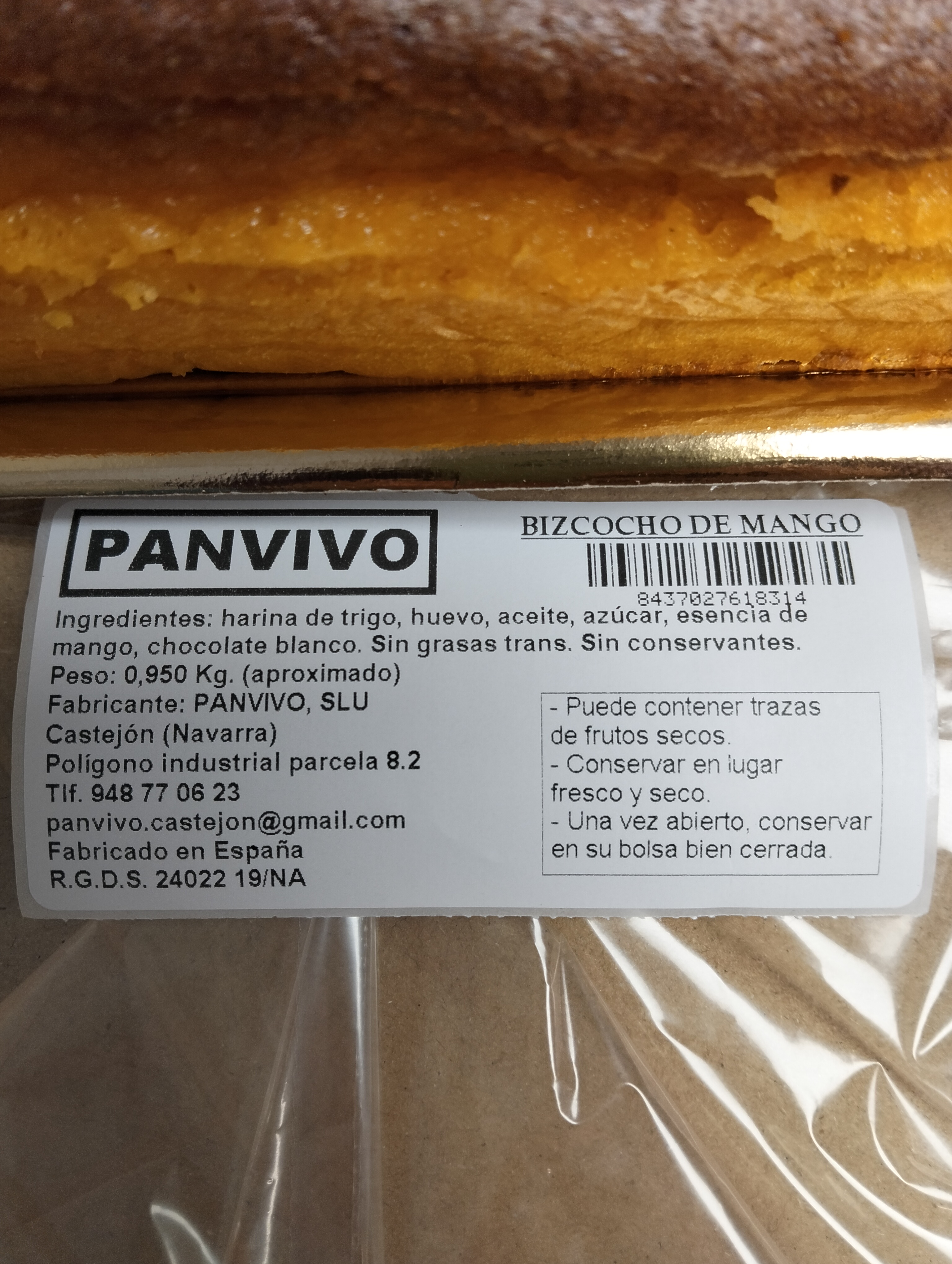 Panvivo. Pão de ló de manga. Aprox. 0,950kg. Acabado de fazer. Sín gorduras trans. Sín conservantes.