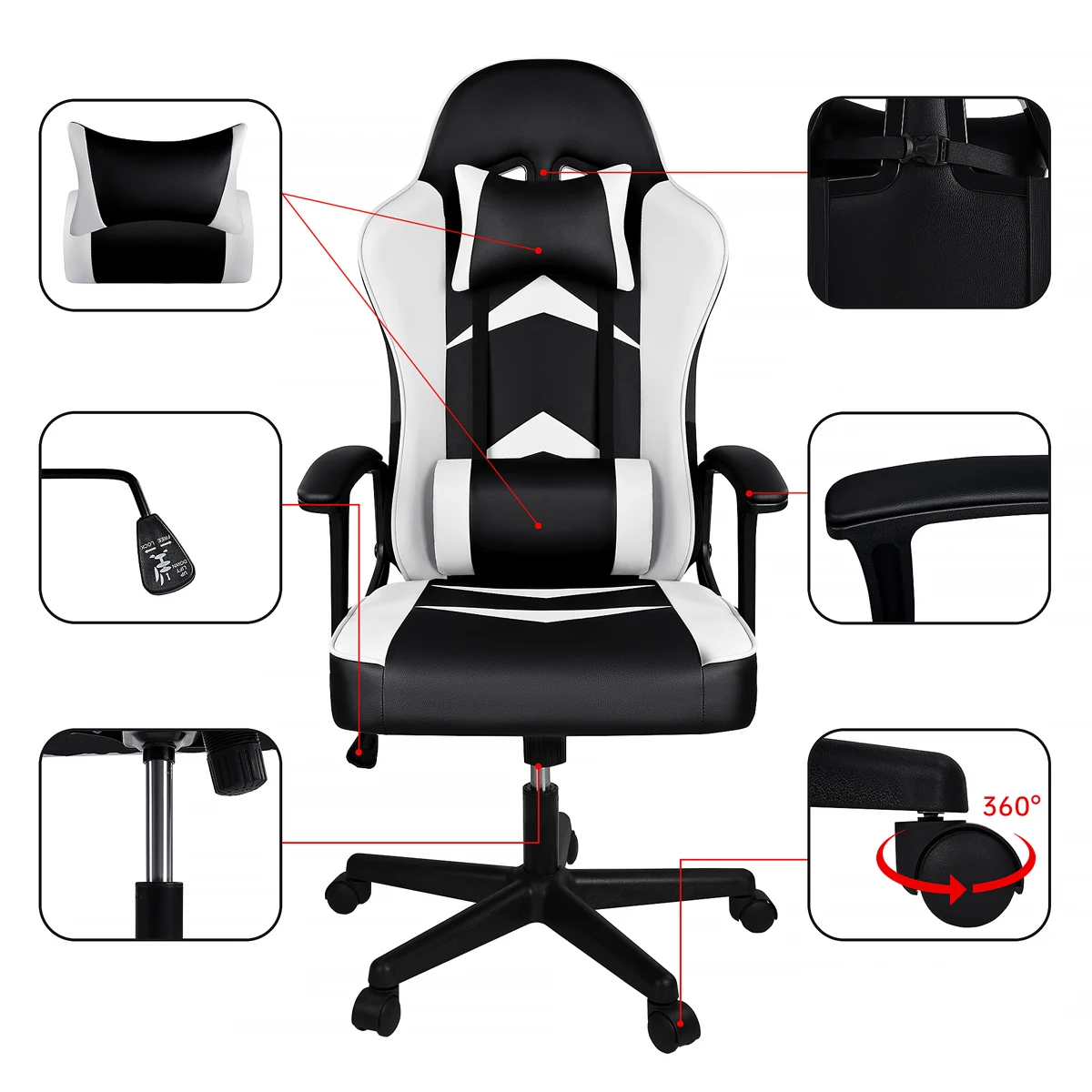 T-Lovendo - Sedia da gioco con cuscino lombare e cervicale, ergonomica, regolabile in altezza e reclinabile