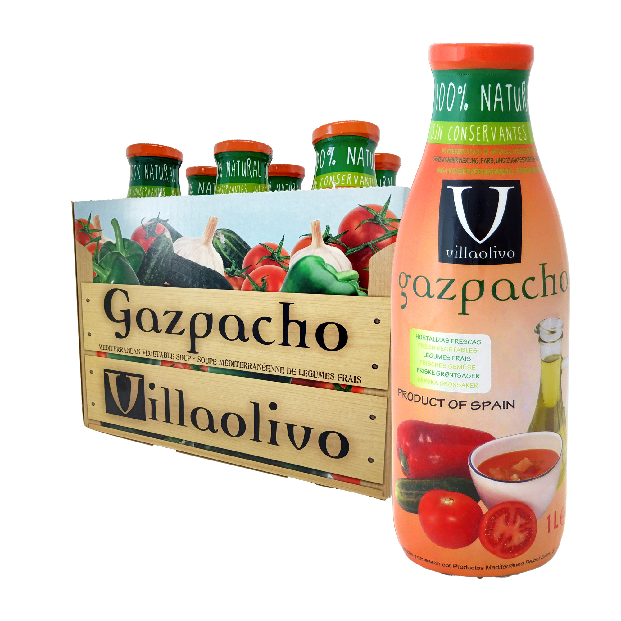 Villaolivo -  Pack 6 unidades  Gazpacho tradicional  Gazpacho cristal 1L  100% Natural