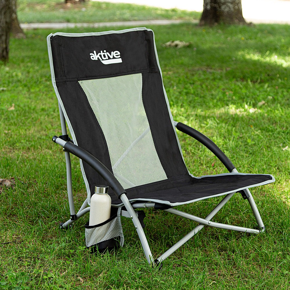 Pack 2 sillas plegables camping bajas y transpirables negras c/posavasos Aktive
