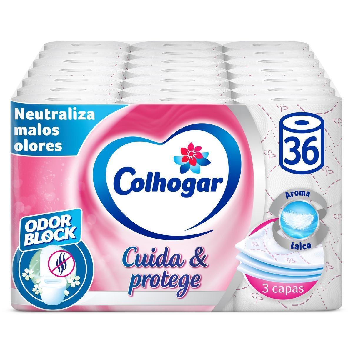 Pack de 36 Rollos - Colhogar Protect Cuida&Protege Odor Block. Papel higiénico suave y resistente. 3 capas. Rollos color blanco y con una fragancia talco - 2x18