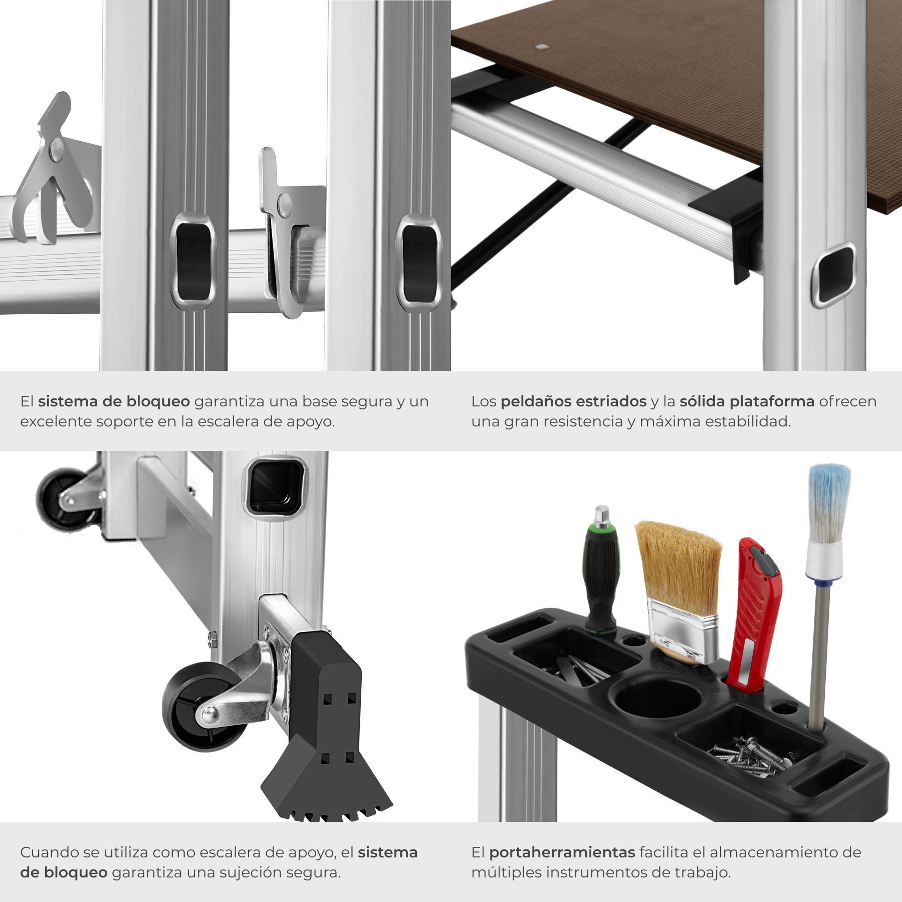 Tectake - Escada multiusos em alumínio Escada 4 em 1: escada simples, escada de tesoura, andaime simples e andaime para desníveis Grande plataforma de trabalho, aprox. 147 x 40 cm Com duas rodas, a posição muda facilmente