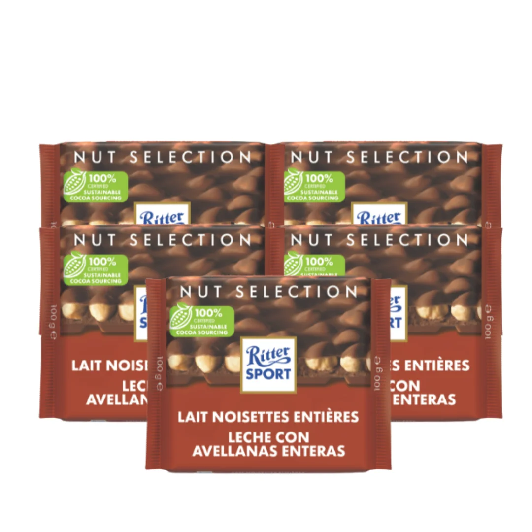 Ritter Sport, Chocolate con Leche y Avellanas Enteras, 100gx5