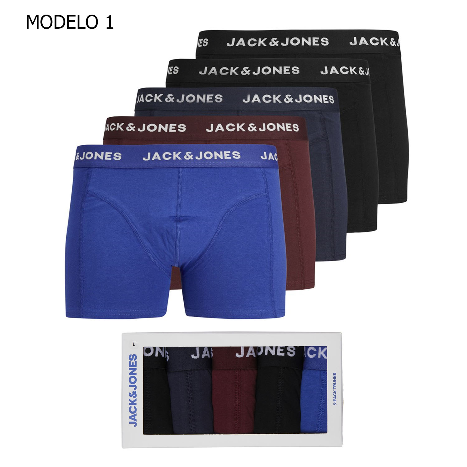 Jack & Jones Hombre NEW Boxer Calzoncillos Pack 5 unids Mod Trunks Jacblack , composición 95% algodón y 5% elastano