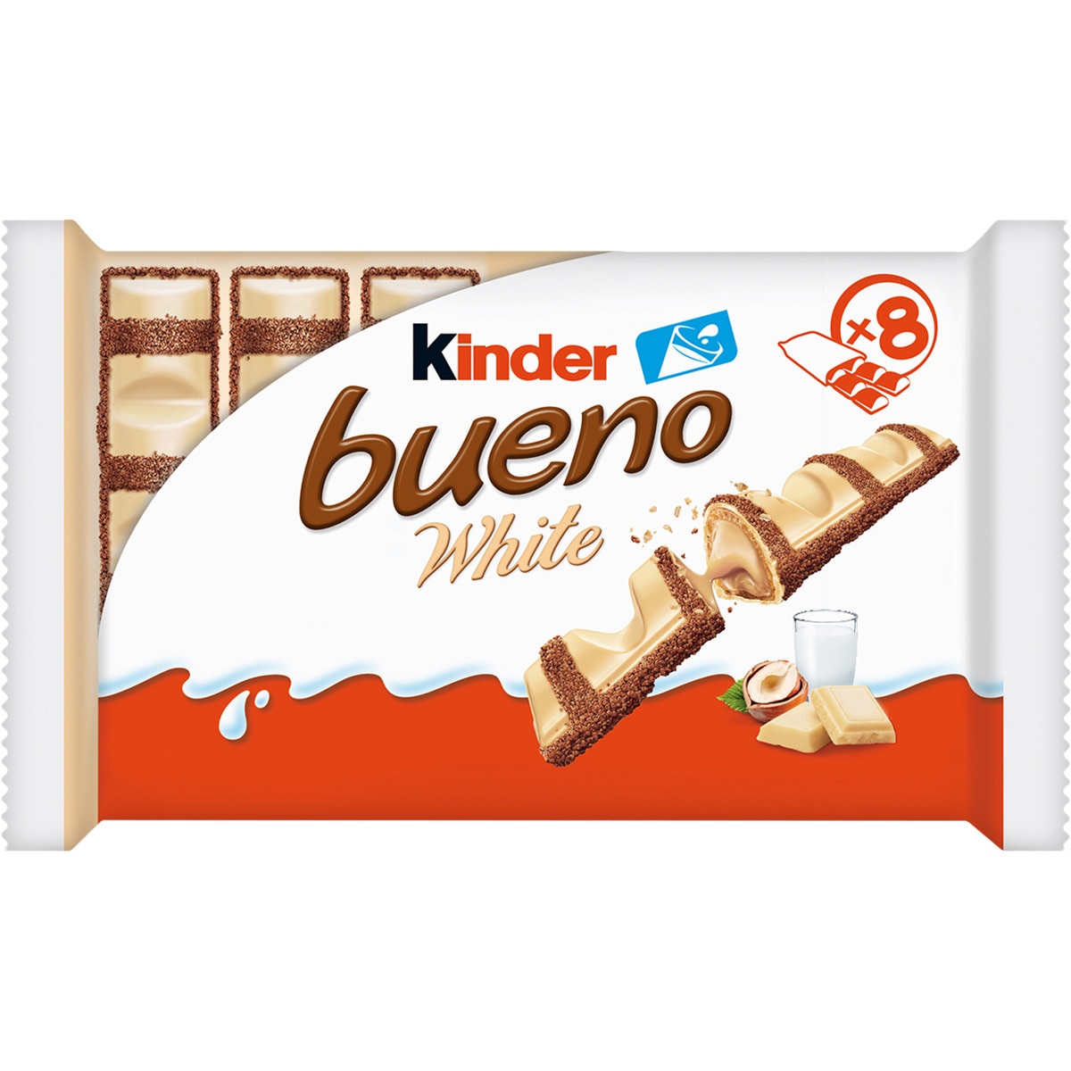 Kinder Bueno White ,Caja de 30 unidades,Barritas de Chocolate Blanco y Barquilo,White barritas de chocolate blanco y avellanas 32 unidades