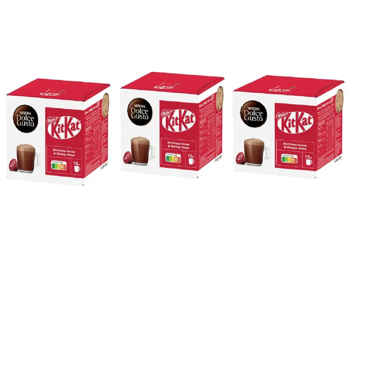 Nescafé Dolce Gusto Chocolate Kitkat, Pack de 3 x 16 Cápsulas - Total: 48 Cápsulas de KITKAT, Sabor Gofre y Cacao, retorna al sabor de juventud, disfruta con el chocolate kitkat