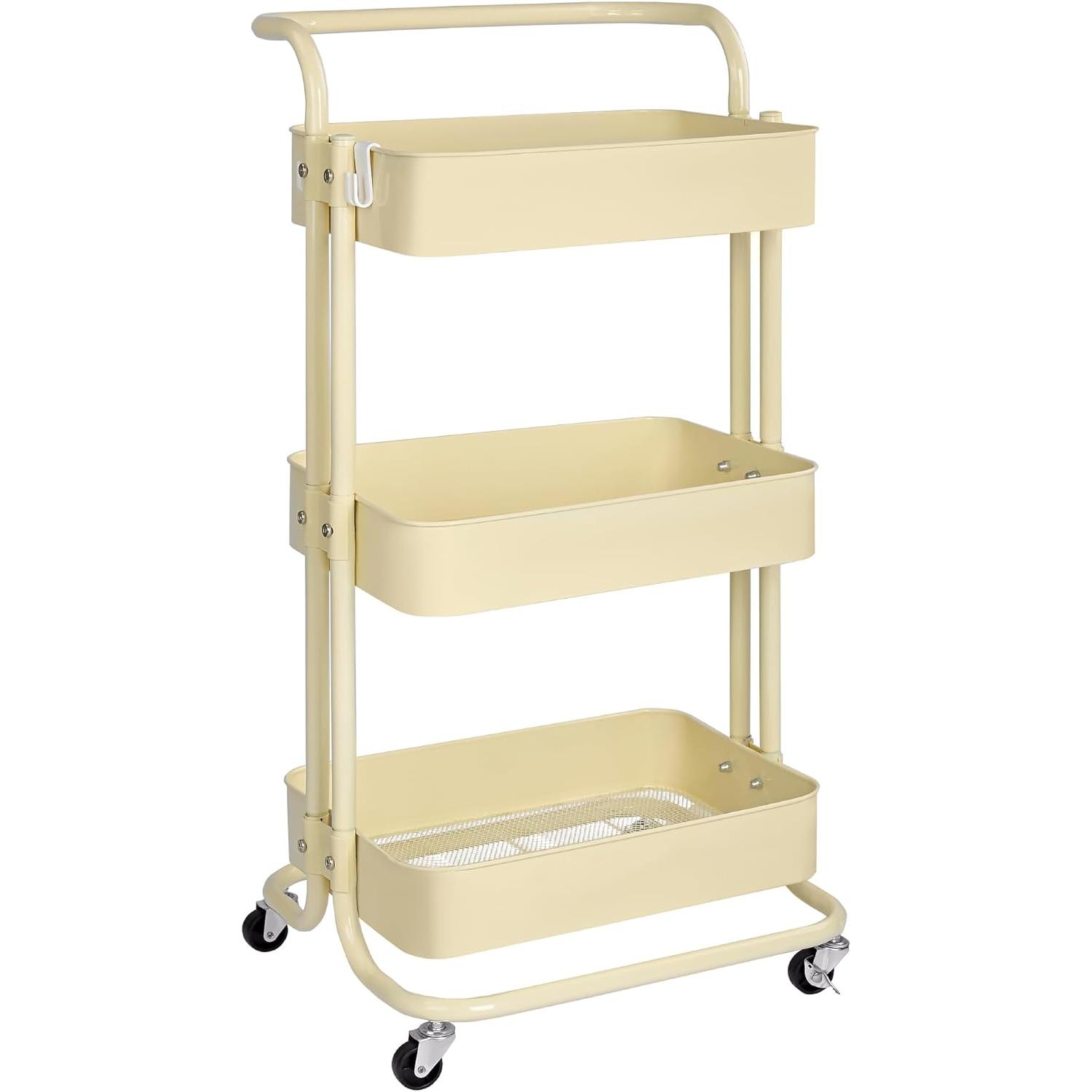 T-Lovendo - Carro Multiuso Metalico Auxiliar 3 Niveles Almacenamiento Ruedas 360°. Carrito de servicio, ideal cocina, frutas, verduras, plantas, juguetes.