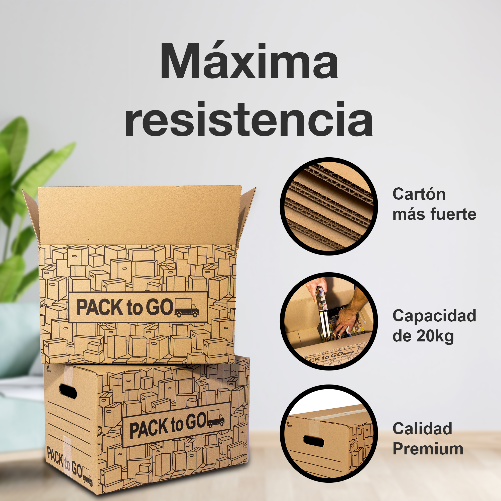 PACK to Go Pack 25 Cajas Carton Almacenaje de 50x30x30cm, Mudanza con Asas, Carton reforzado.