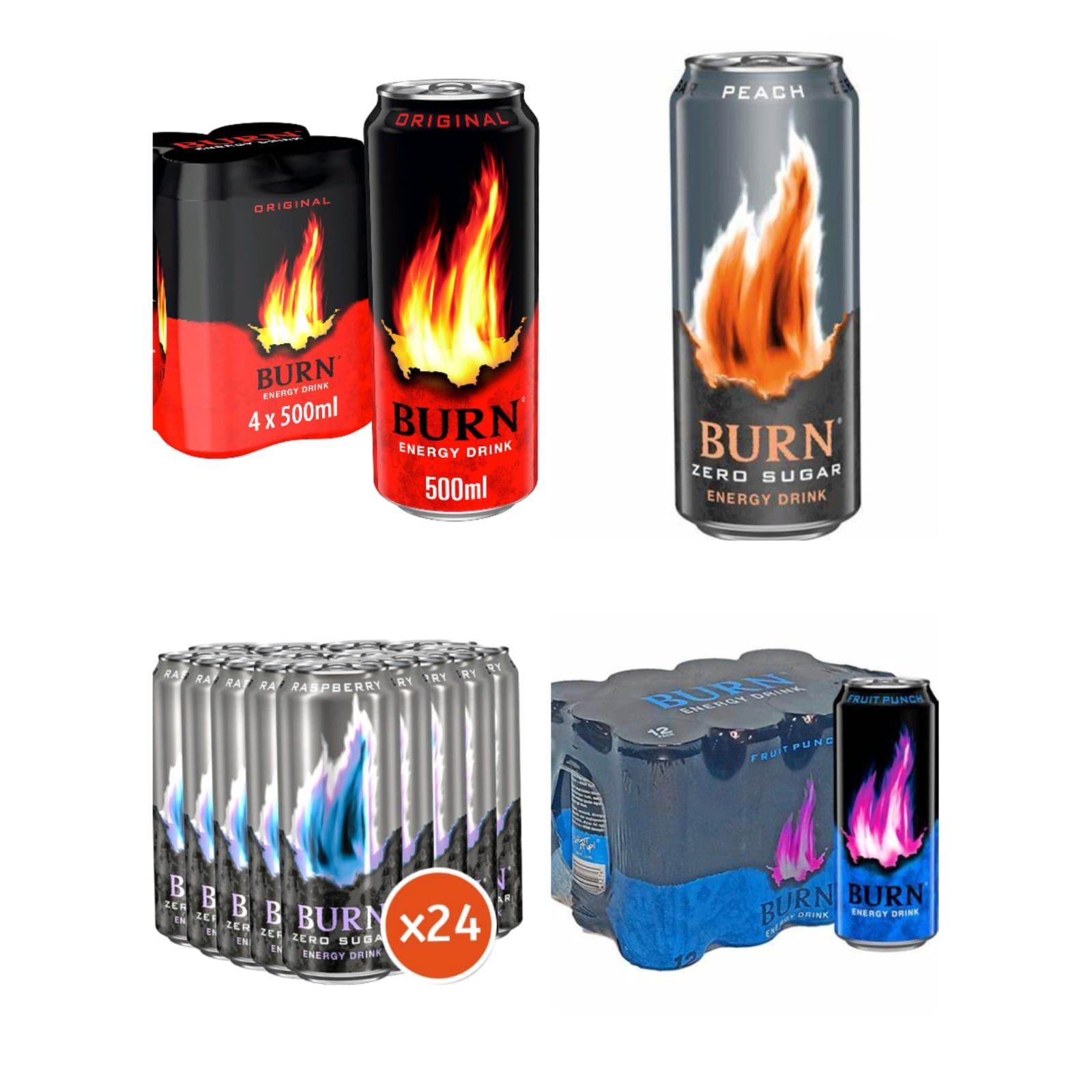 Burn bebida energetica nacional suritidos de modelos original zero peach,zero azucar raspberry, fruit punch cajas 24uidades nacional de España