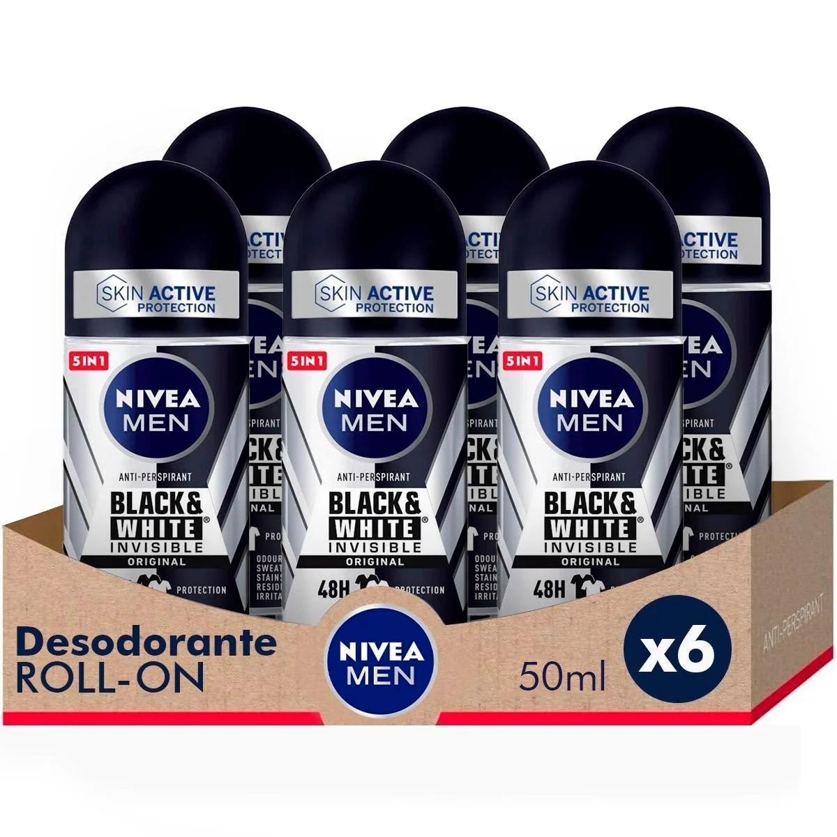 NIVEA MEN Savings Pack - Black & White Invisible Original Roll on Desodorizante Masculino 50ml x 6 unidades