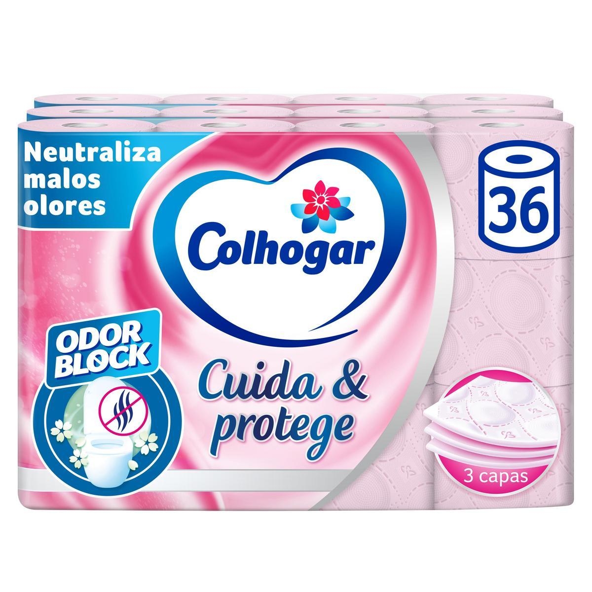Pack de 36 Rollos - Colhogar Cuida&Protege. Papel higiénico con tecnología Odor Block: neutraliza malos olores. 3 capas. Rollos color rosa y con una fragancia fresca - 3x12