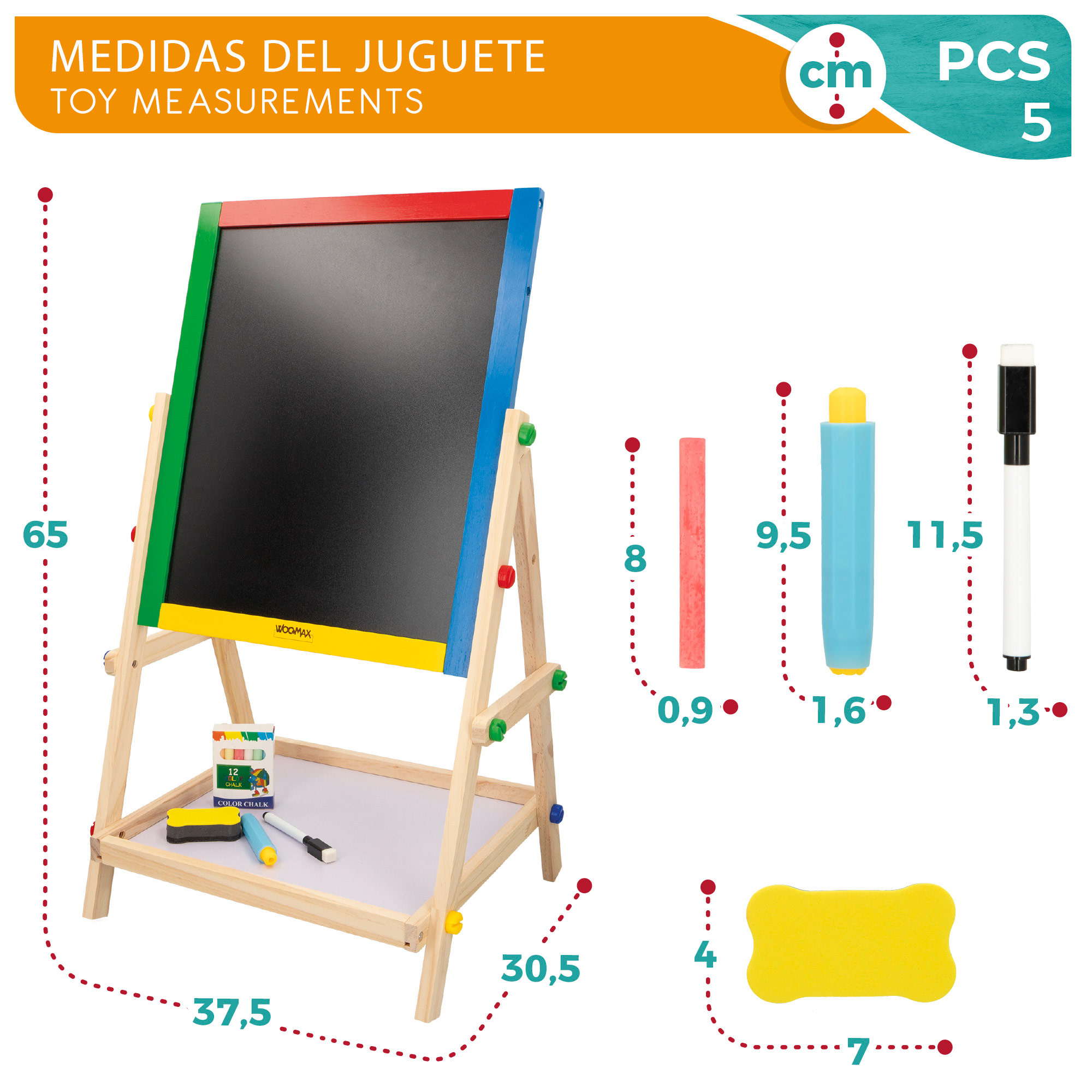 WOOMAX 40x36.5x68 cm de madeira dupla face Ardósia de madeira cavalete infantil com giz, borracha preta e marcador, criança educacional para pequenos artistas recomendado a partir de 3 anos, com certificação FSC
