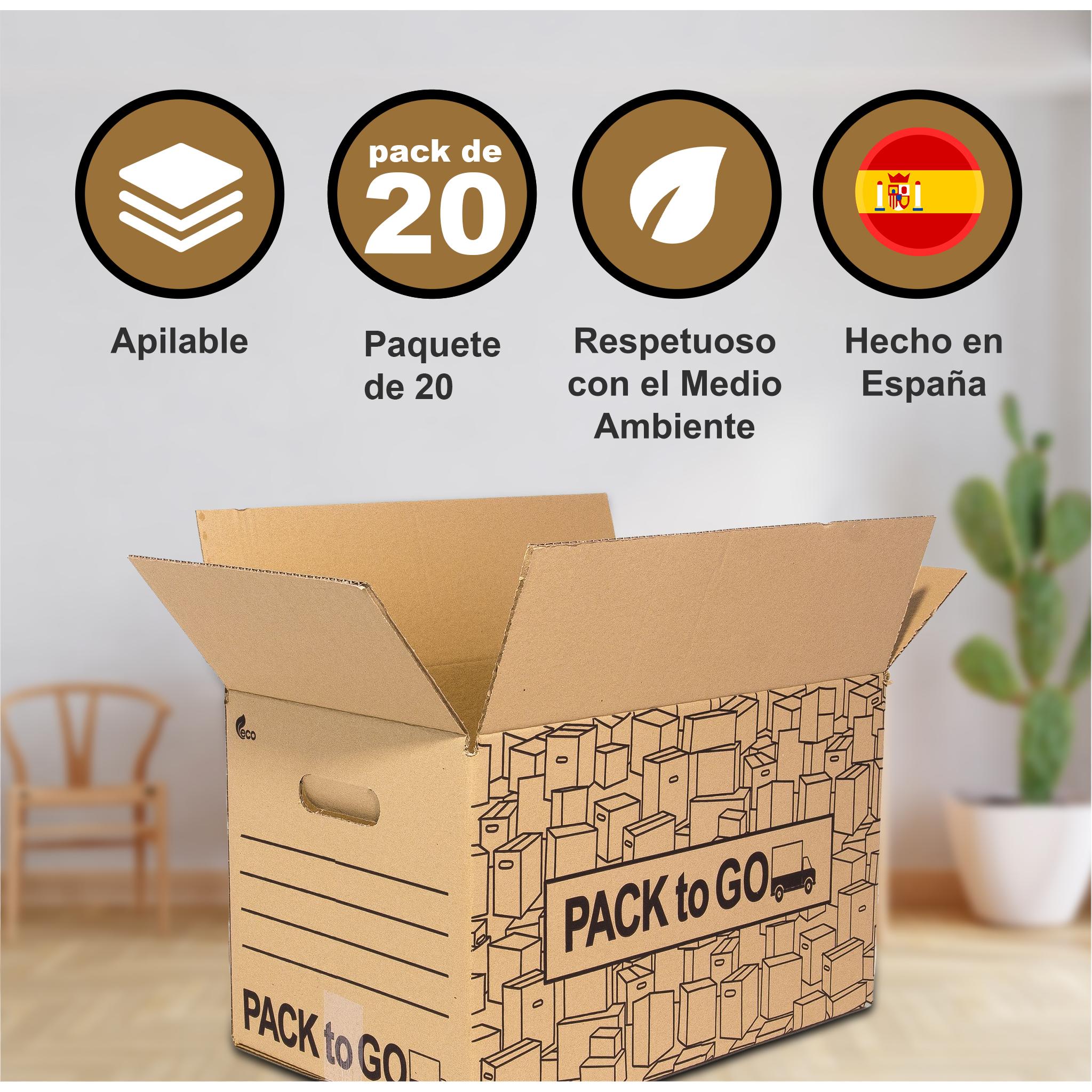 Cajas Carton mudanza, almacenaje con Asas Pack 20, Carton reforzado de 50x30x30cm, PACK to Go