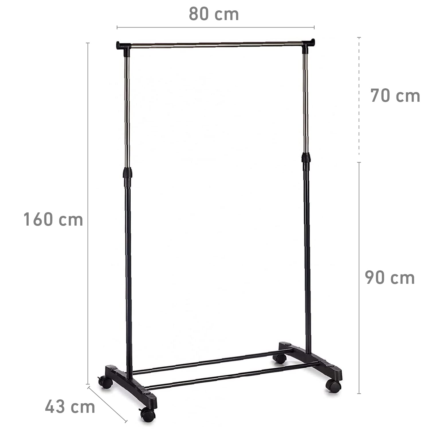 Perchero de Pie con Ruedas, Acero Inoxidable, DOBLE 80x43x90 a 160 cm, Perchero de Ropa Burro, Estructura Metalica Extensible, Organizador de Perchas y Ropa