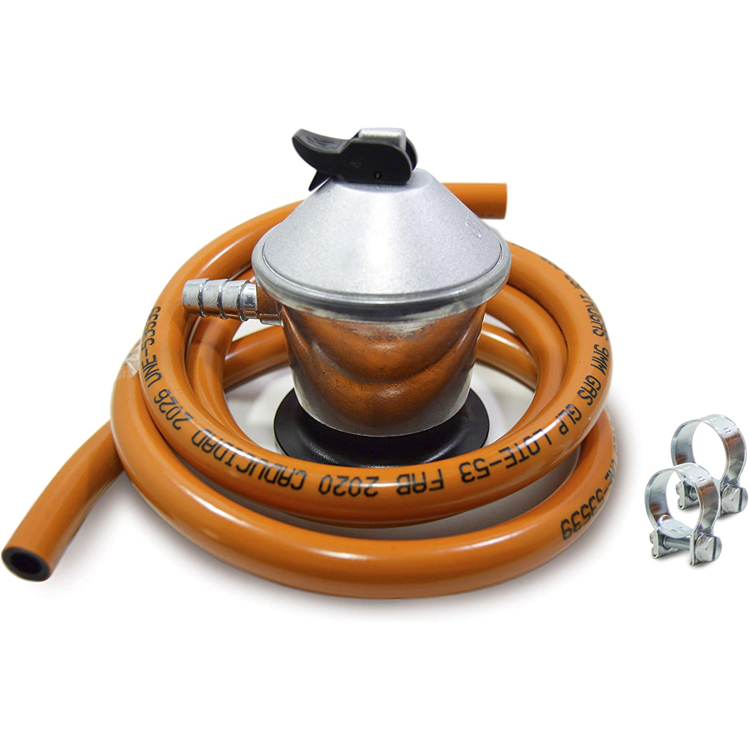 Cabeça de Butano 50 mbar, Kit Regulador de Gás Butano com Válvula de Segurança 29 mbar, Mangueira de Butano de 1,5m com 2 Agrafos, Conjuntos Completos ou Peças Soltas, Universal