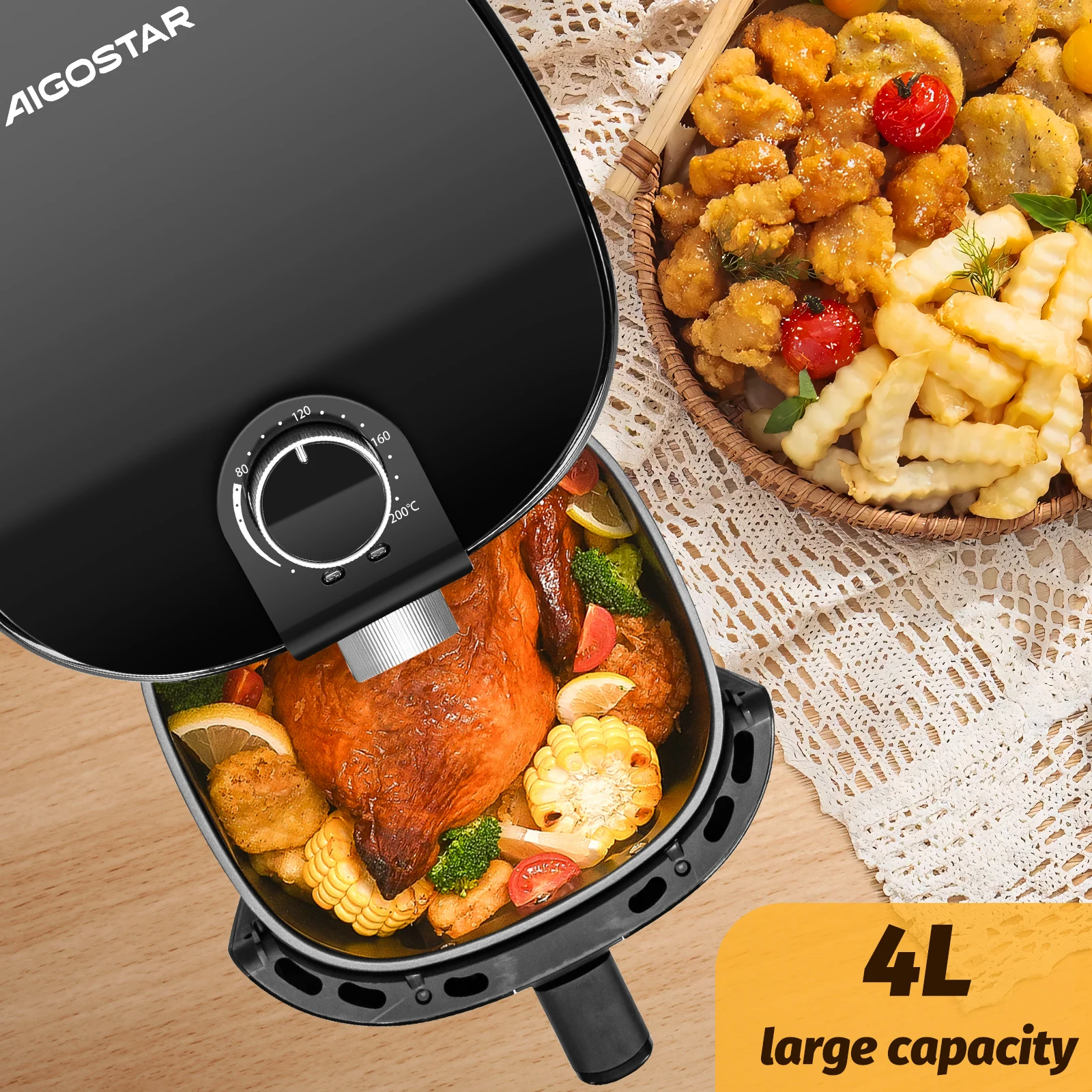 Friggitrice ad aria AIGOSTAR 4L, tempo e temperatura regolabili, griglia antiaderente staccabile, 1500W.