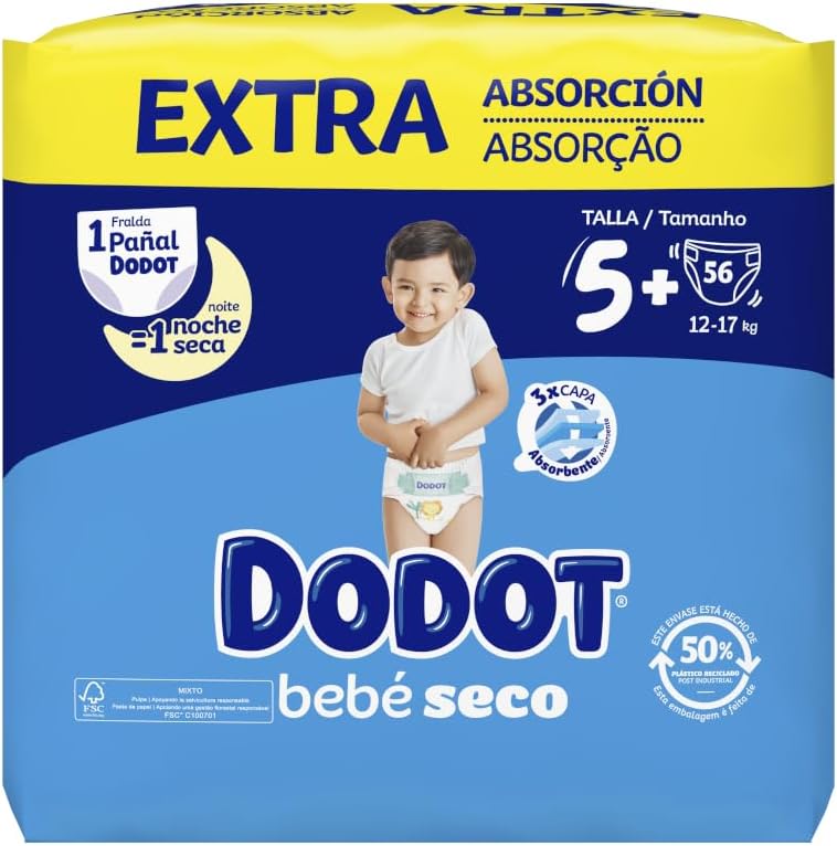 Dodot Pañales Bebé-Seco Talla 5+ PLUS  (12-17 kg) - 56 Pañales con Protección Antifugas - Pack Talla 5+ Plus Jumbo