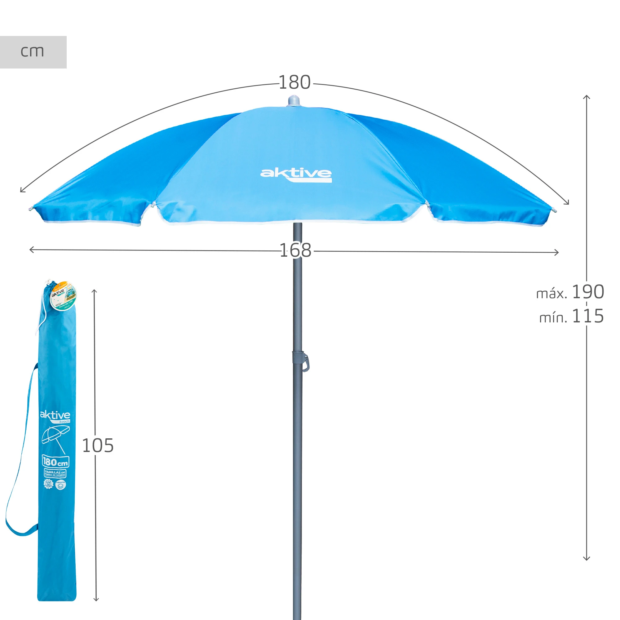 Guarda-chuva Aktive SINK BEACH 180 cm, 200 cm ou 220 cm, Max Air, azul, formato octogonal, poliéster com proteção UV50 e forro prateado, 8 hastes de fibra de vidro, ø28/32mm Tilt Mast, inclui capa com alça, ventilação superior