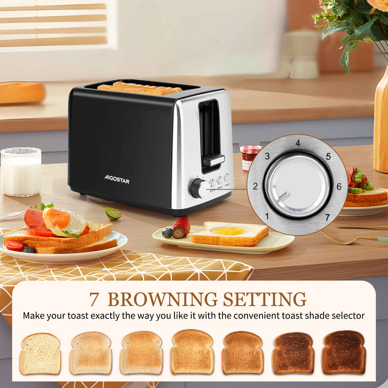AIGOSTAR Tostadora, 3 Funciones, 2 Ranuras Extra Anchas y Rejilla Calentadora de Acero Inoxidable, 7 Ajustes, Bandeja Recogemigas Desmontable,Descongelación y Recalentar, Apagado Auto.(750W)