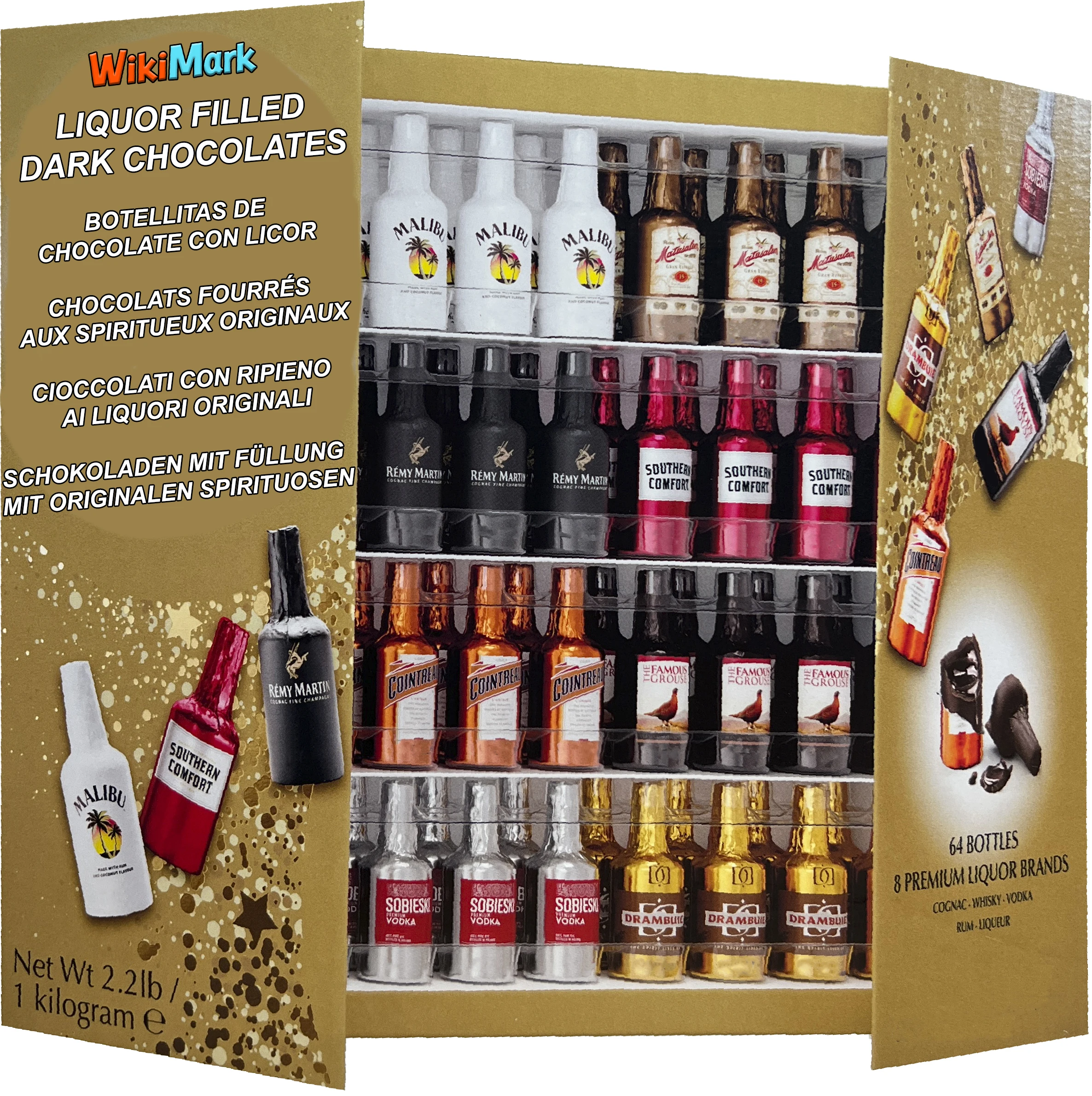 Botellitas de Chocolate Rellenas de Licor - Nueva Edición 2024 Con Nuevos Sabores - Incluye Caja Armario Botellero WikiMark. 1 Kg - 64 Botellitas o Taper de 20 Botellas 300 Gr.