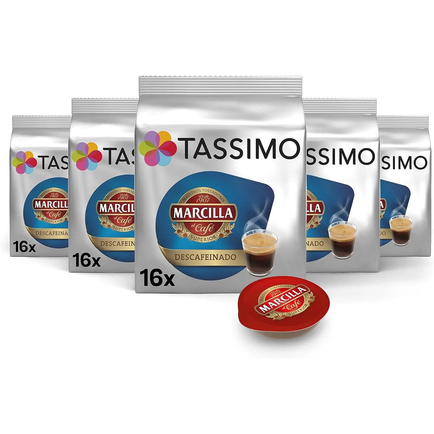 Tassimo Cápsulas Marcilla Café Descafeinado 5 paquetes de 16 cápsulas total 80 Cápsulas