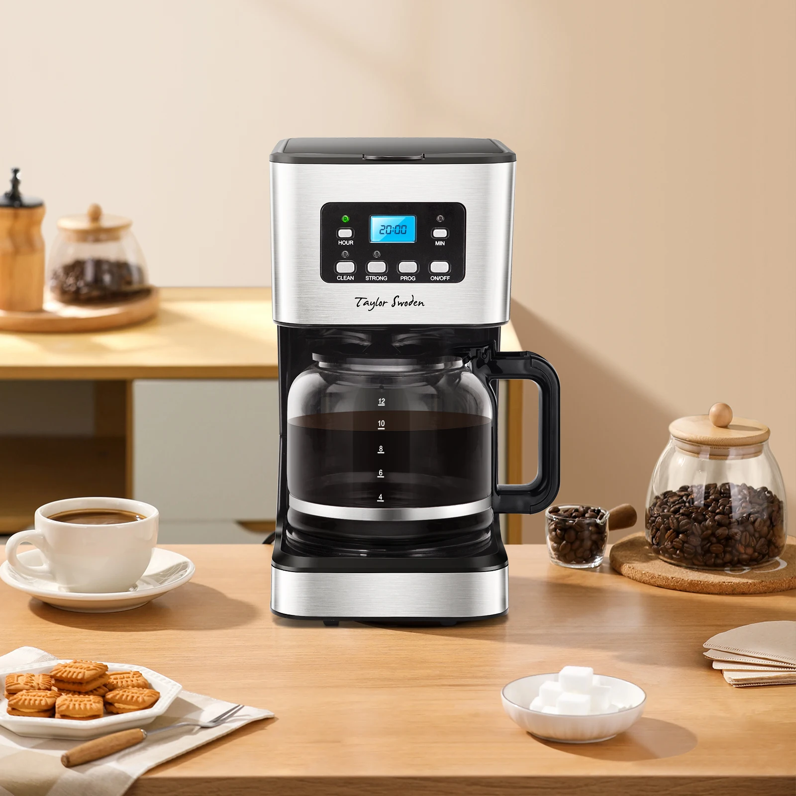 Caffettiera a goccia Taylor Swoden con timer programmabile, 950 W, 1,5 L (12 tazze), schermo LCD, filtro riutilizzabile, spegnimento automatico, funzione di mantenimento in caldo. Funzione di pulizia automatica (scrittura)