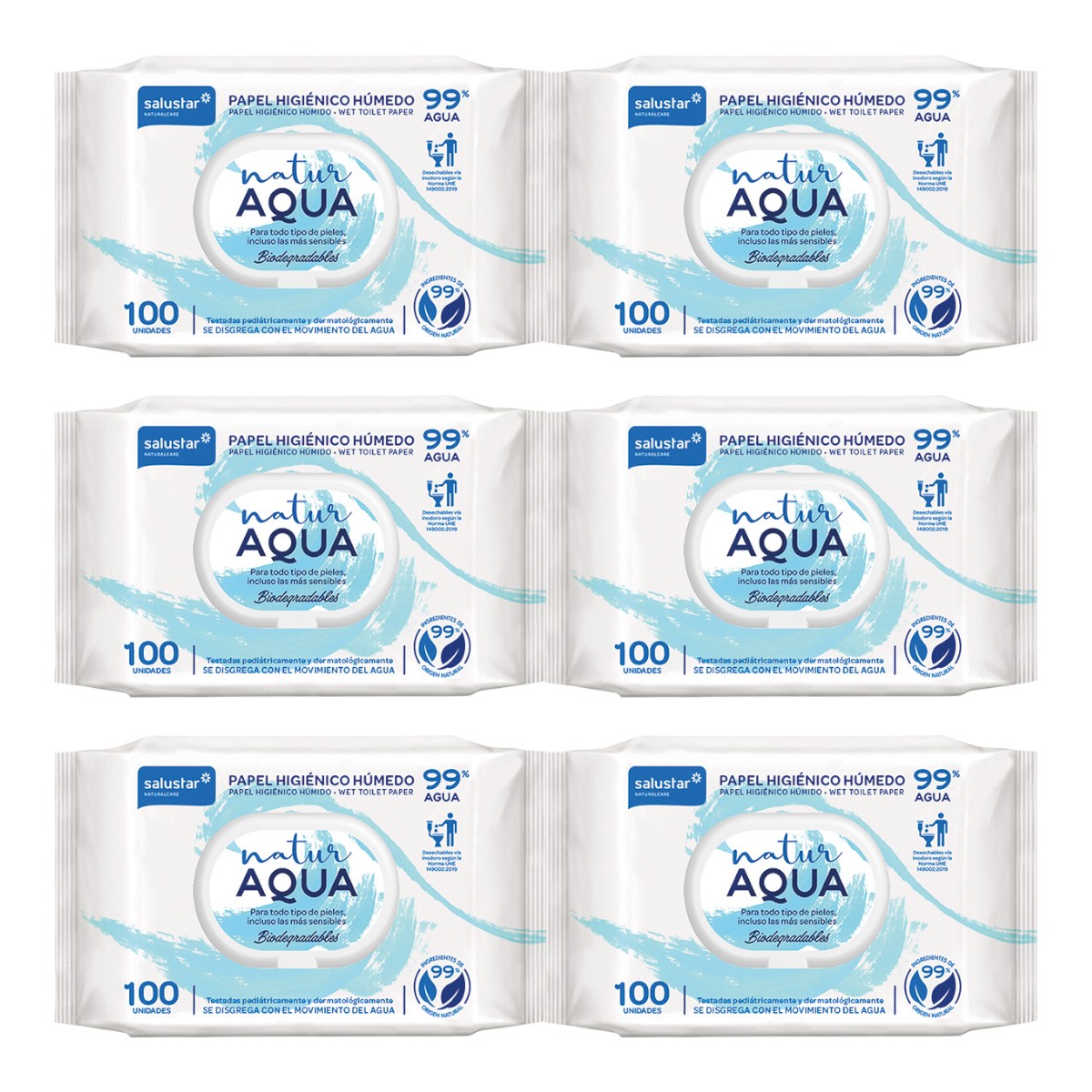 SALUSTAR Pack de 3 o 6 bolsas de Papel higiénico húmedo Natur Aqua paquete 100 unidades