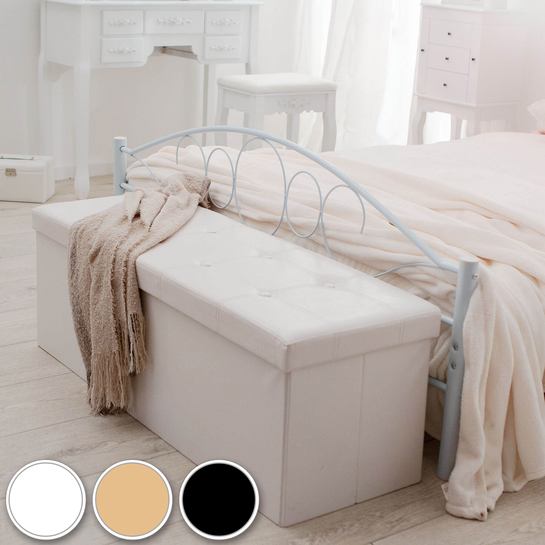 Tectake - Taburete plegable con caja de almacenamiento rectangular 110 x 38 x 38 cm  Taburete puf con espacio para almacenar  Funda decorativa de piel sintética y asiento acolchado  Plegable, compacto