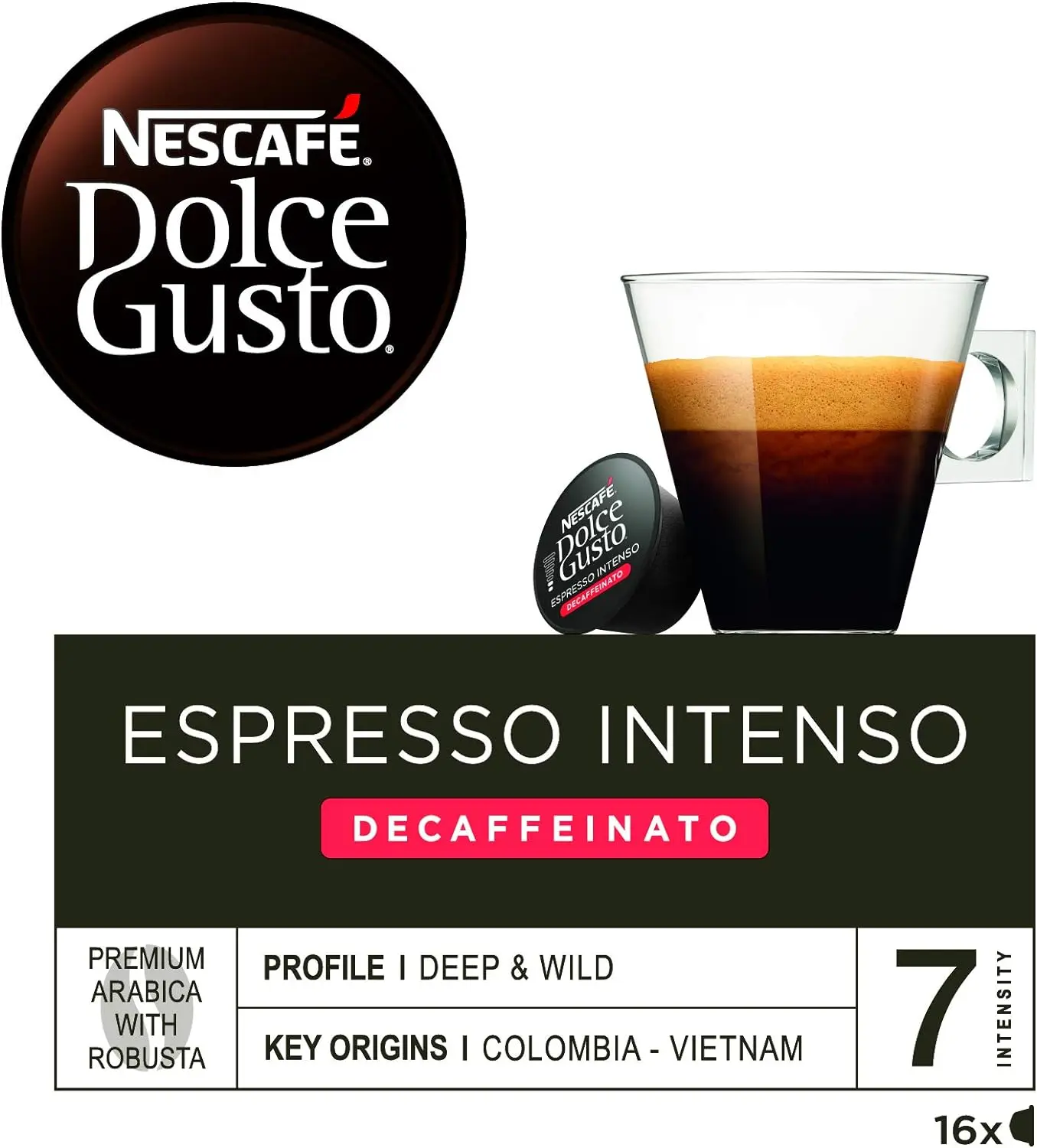 Nescafé DOLCE GUSTO Café ESPRESSO INTENSO DESCAFEINADO - Pack de 6 x 16 cápsulas - Total: 96 Cápsulas