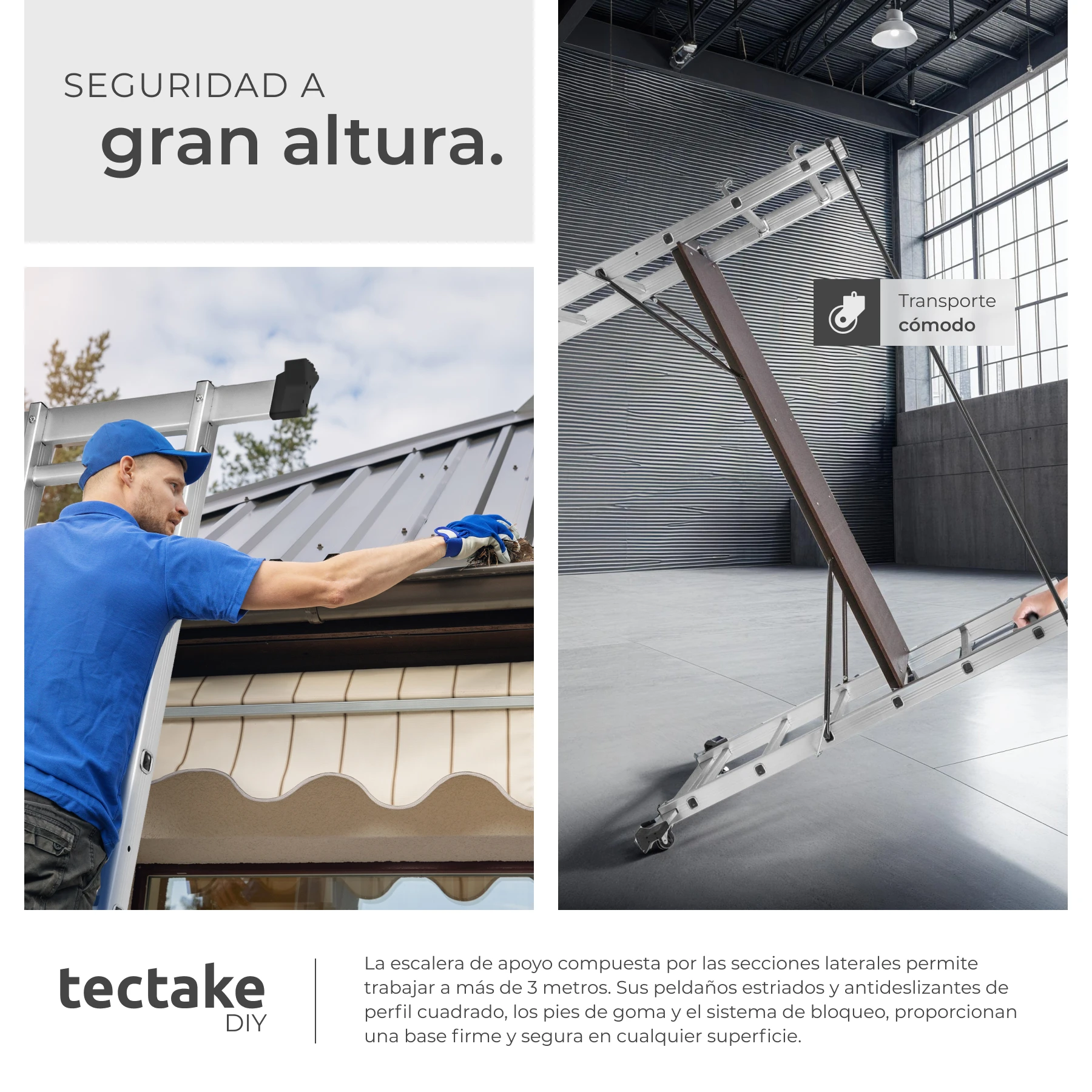 Tectake - Escada multiusos em alumínio Escada 4 em 1: escada simples, escada de tesoura, andaime simples e andaime para desníveis Grande plataforma de trabalho, aprox. 147 x 40 cm Com duas rodas, a posição muda facilmente
