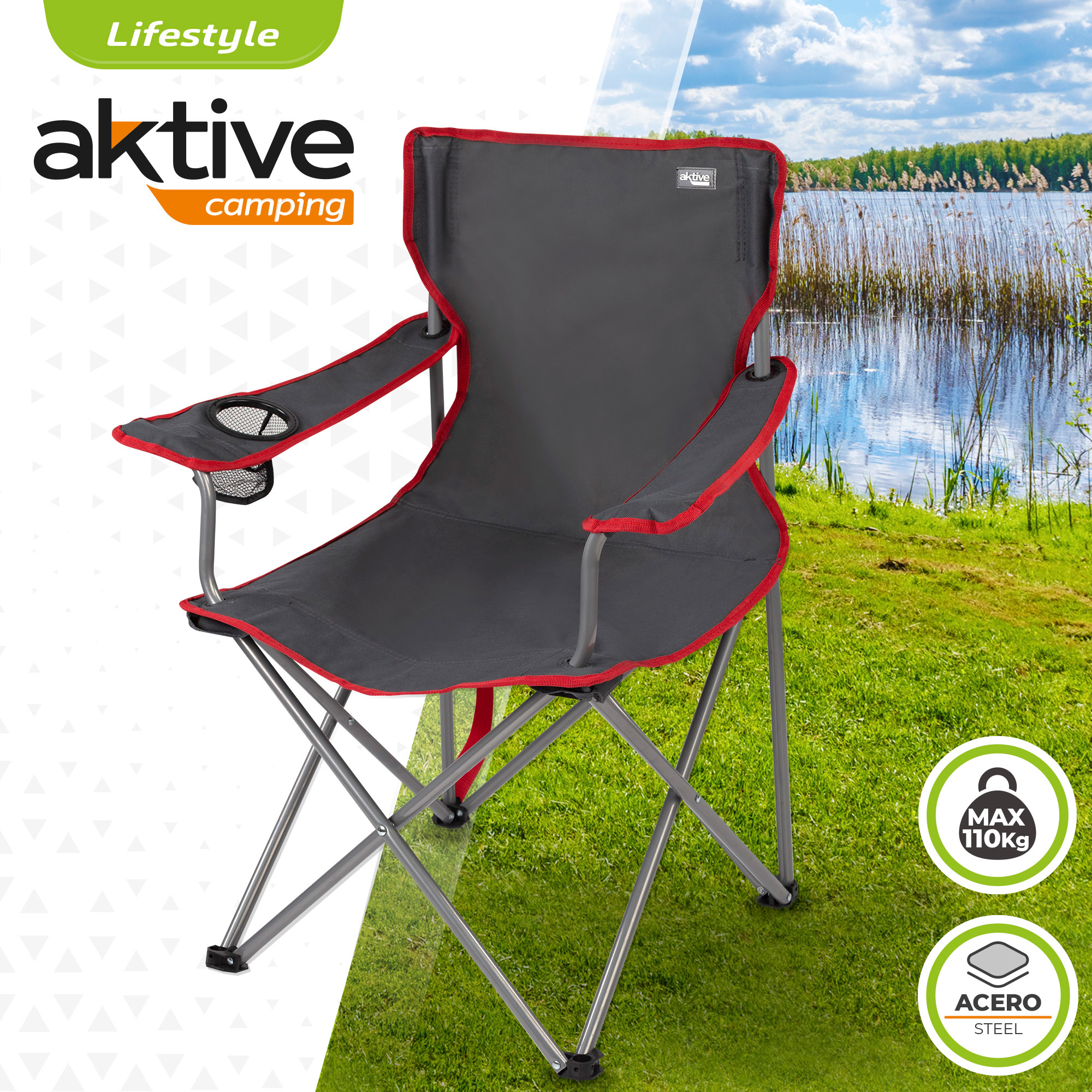 Silla plegable camping con posavasos Aktive Camping, Silla de camping plegable, Silla portátil