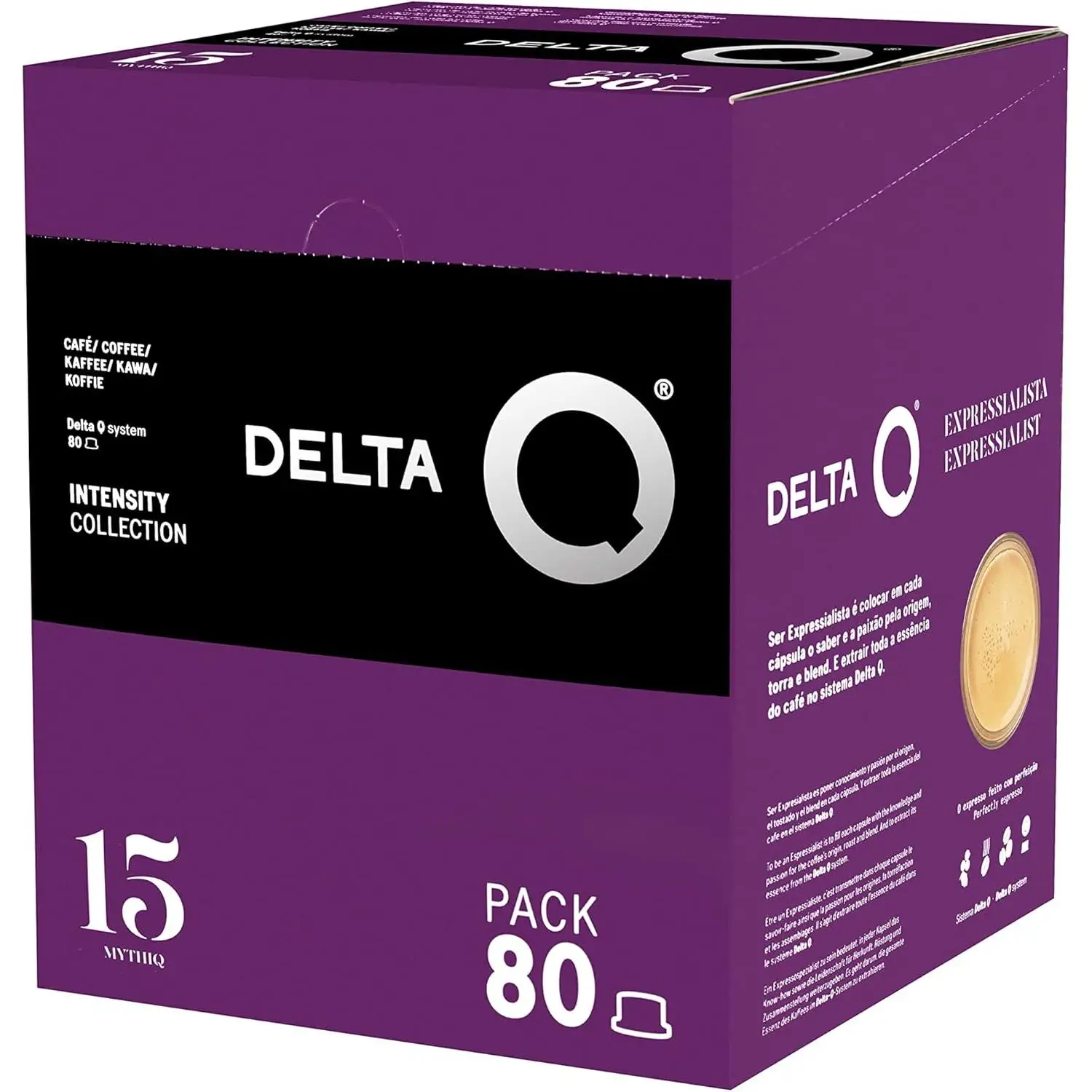 Delta Q - Cápsulas de Café Molido MYTHIQ - Delta Q -  Espresso Intenso con Notas de Cacao, Chocolate, Nueces Tostadas - Molido Natural - 80 Cápsulas
