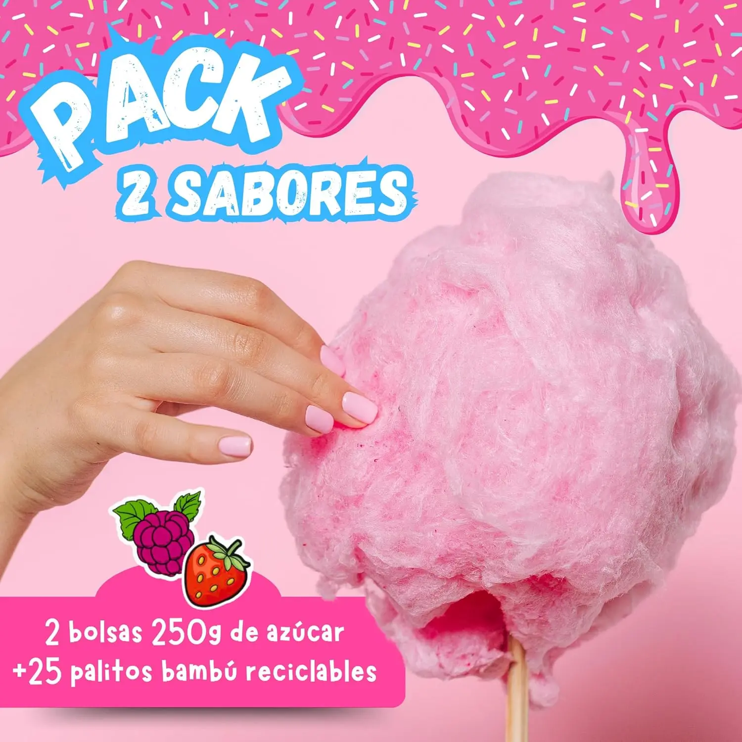 SIDRAL Azucar para Máquina Algodón ( 2 x 250 gr) CON 20 PALITOS RECICLABLES PARA DEGUSTACION ( FRESA/FRAMBUESA