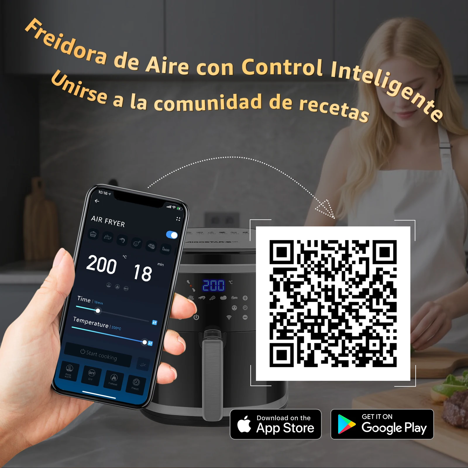 Friggitrice ad aria senza olio AIGOSTAR 7L,1900W, Smart. Connessione Wi-Fi. Touch screen LED, 7 funzioni preimpostate + modalità mantenimento caldo e manuale, senza BPA