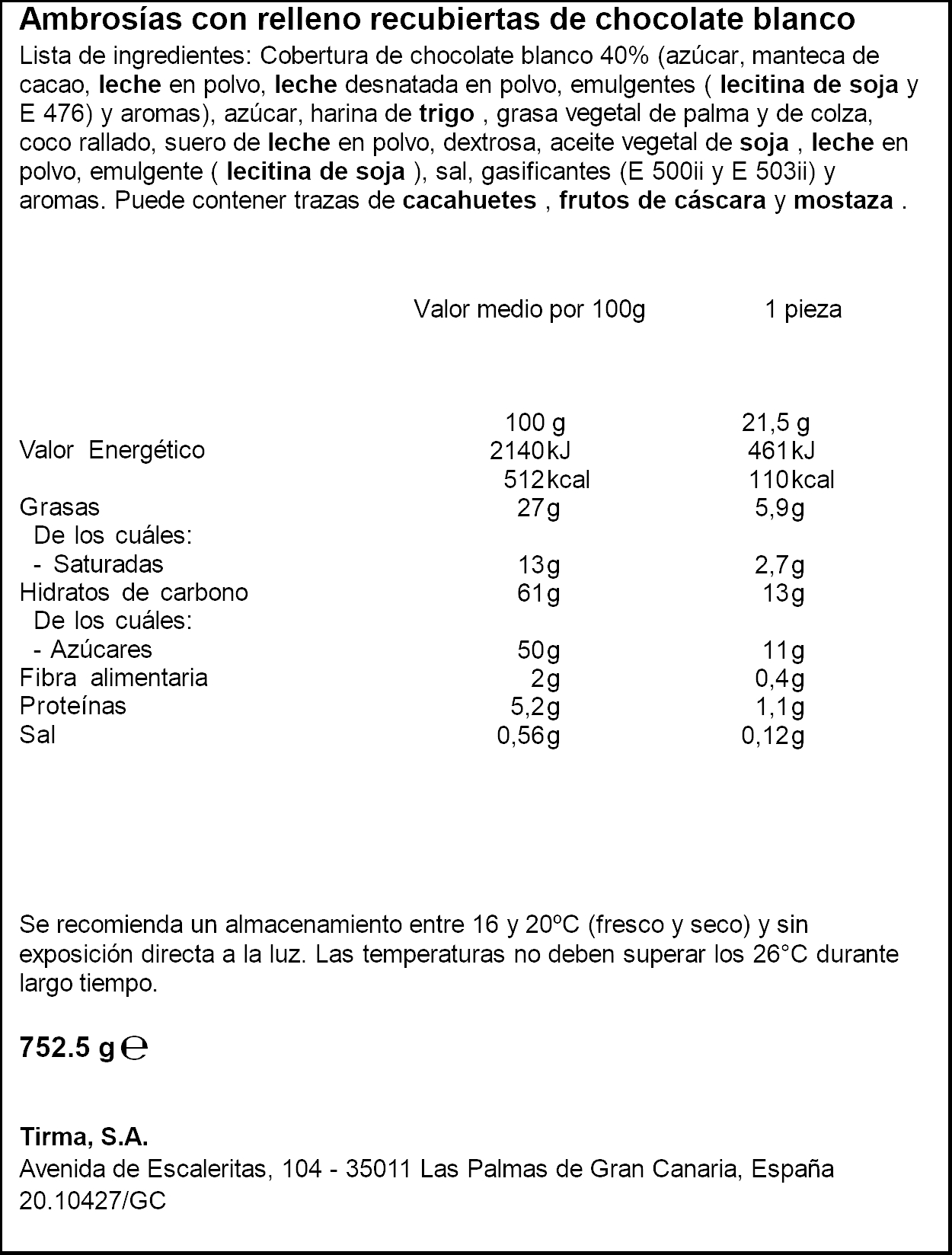 Ambrosia Chocolate blanco Tirma, caja 35 unidades. 8410085422413