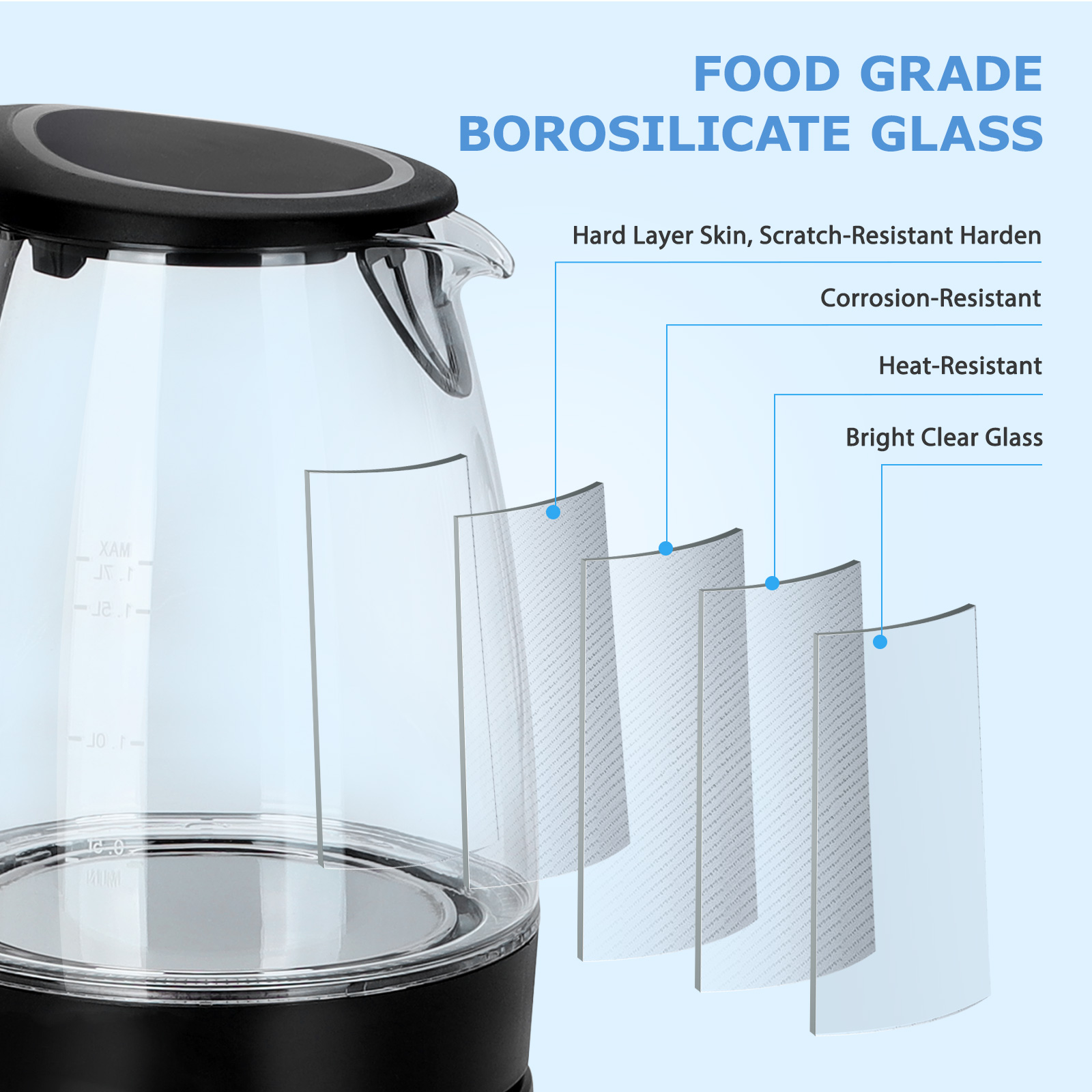 AIGOSTAR Hervidor de Agua Eléctrico de Cristal, con Iluminación Led  (1.7 L, 2200W)