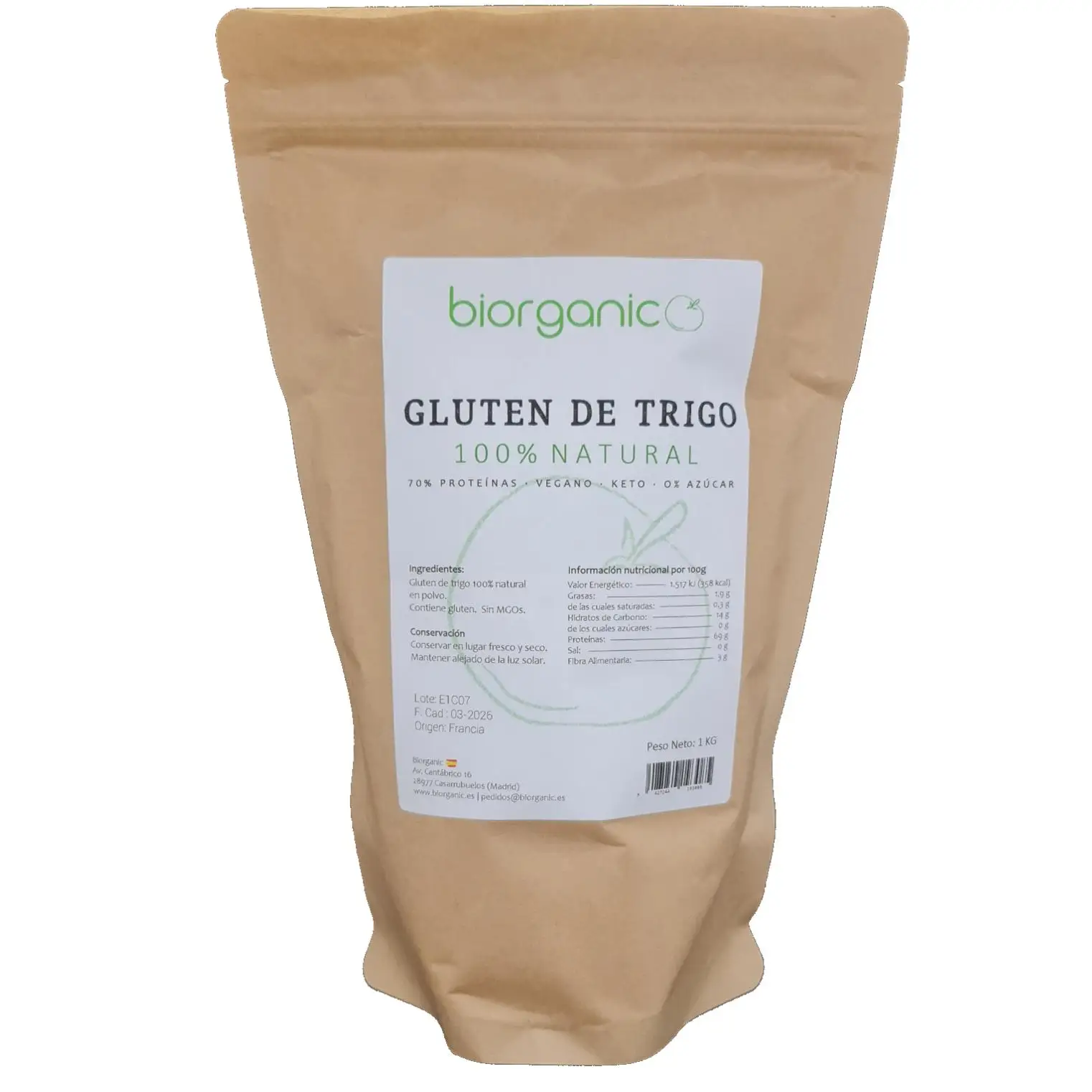 Gluten de Trigo 100% Natural  1 Kg  Keto  Vegano  Ideal para masas y para elaborar Seitán. Biorganic, marca española.