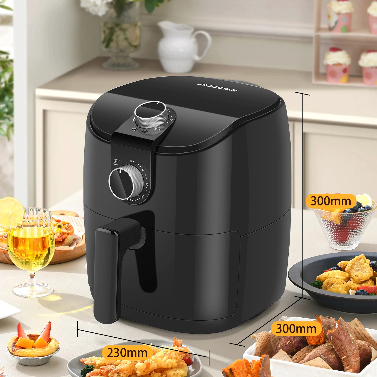 Friggitrice ad aria AIGOSTAR 4L, tempo e temperatura regolabili, griglia antiaderente staccabile, 1500W.