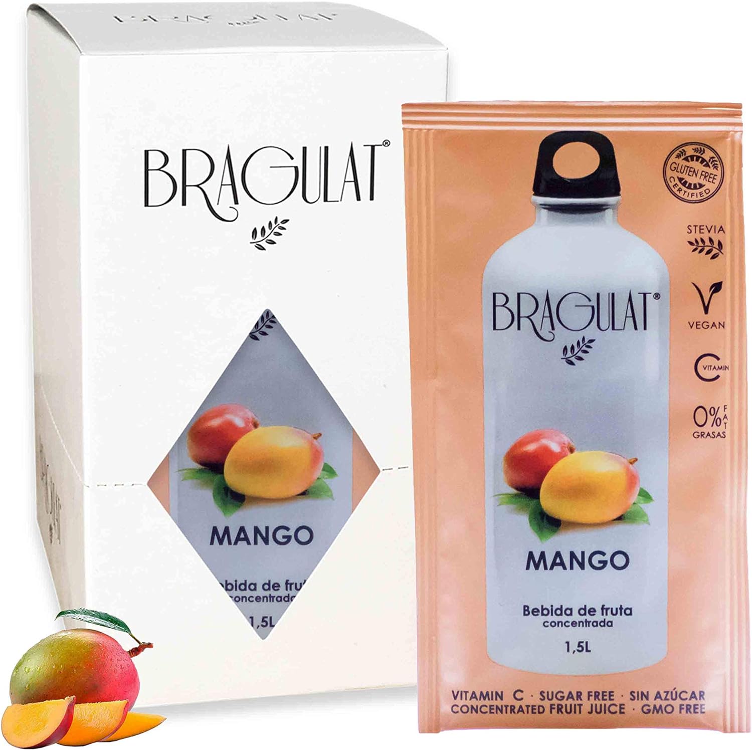 BRAGULAT | Bebida de Frutas con Mango| Bebidas y Refrescos Instantáneas en Polvo | Sin Azúcar y con Vitamina C | Agua con Sabor a Mango | 15 Sobres