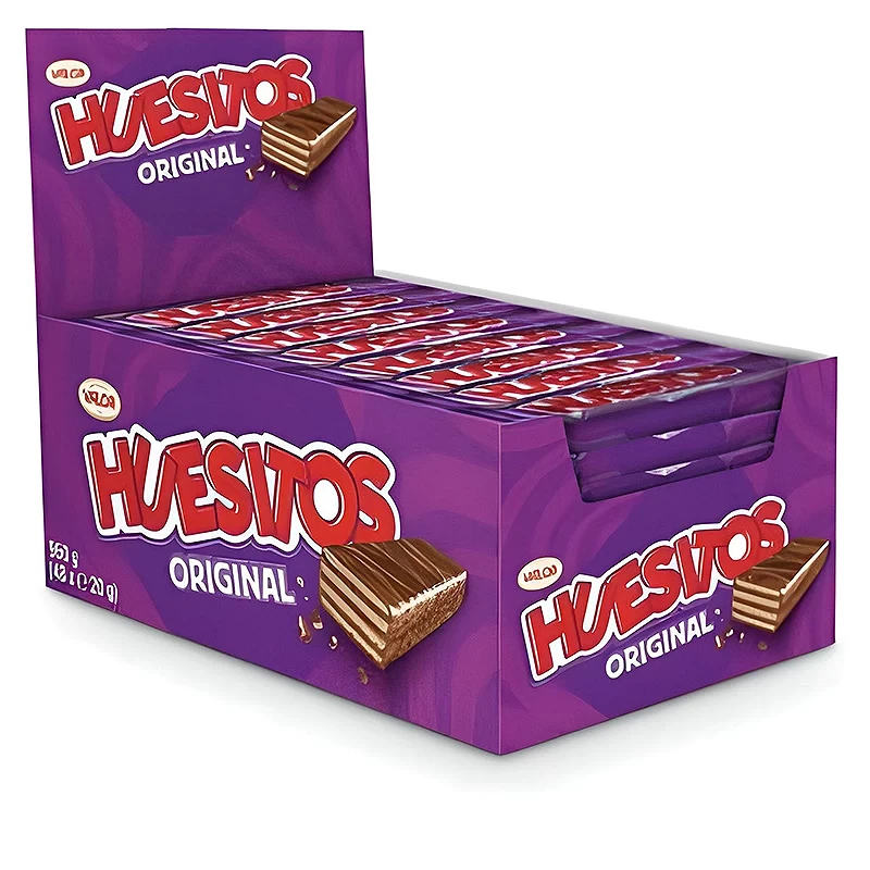HUESITOS 48 UNDS. Barritas de galleta crujiente y ligera recubiertas de chocolate con leche Valor. Cada barrita pesa 20 gramos y va envuelta individualmente.
