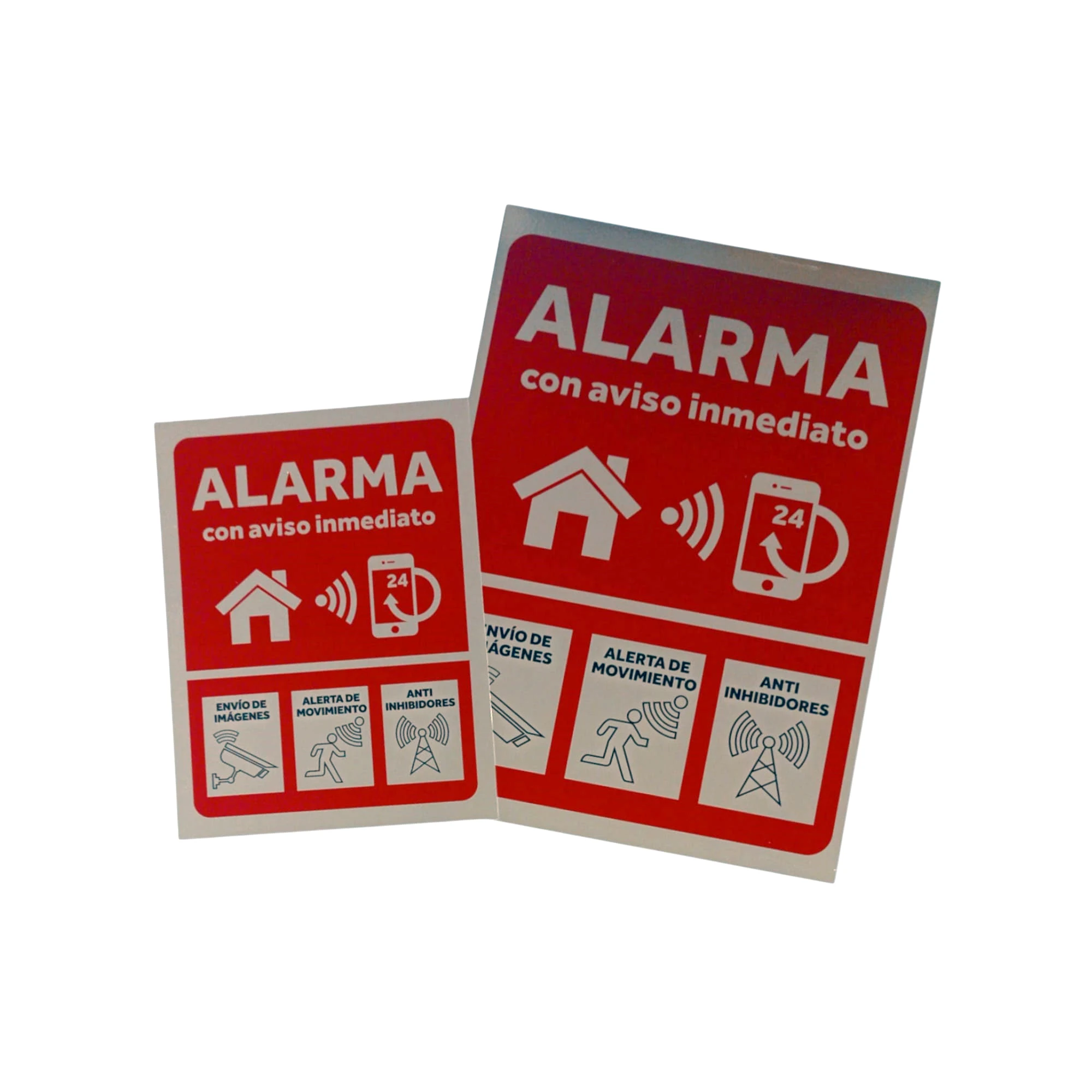 Pack 2 Carteles Alarma Conectada, Efecto Metálico, Cartel Rígido 21x29cm + 15x20cm, Material Resistente, Envío desde España