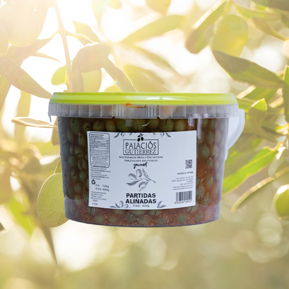 Aceitunas partidas aliñadas | Cubo plástico 4500 gramos | Palacios Gutierrez