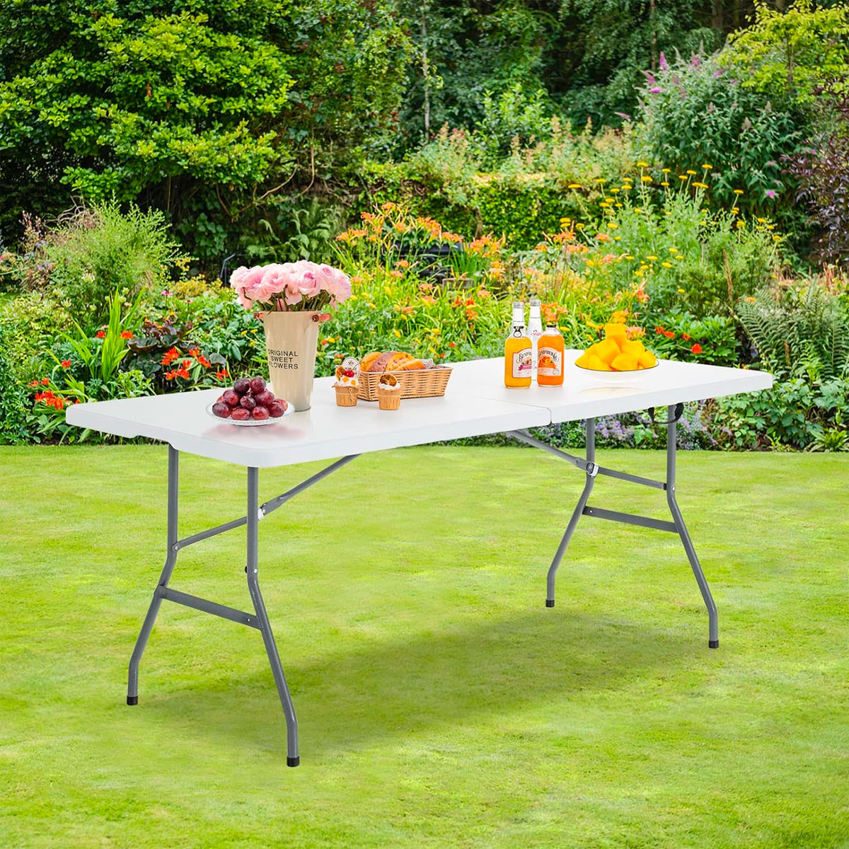 Mesa Dobrável Resina Reforçada-Casa Nyana Portátil e Segura 180x74x74 cm/180x70x74 cm/150x70x74 cm Ideal para Acampar, jardim e eventos Estrutura de aço e pés antiderrapantes impermeáveis e carga até 150kg Espaço para 2-8 pessoas