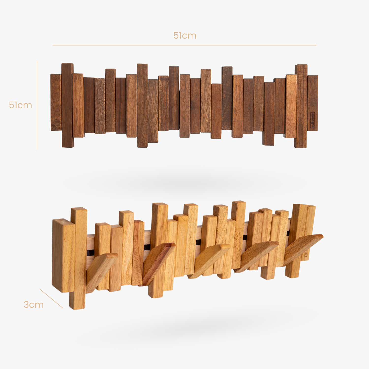Edihome, Perchero de pared de madera, 5 ganchos, madera de acacia 100% natural