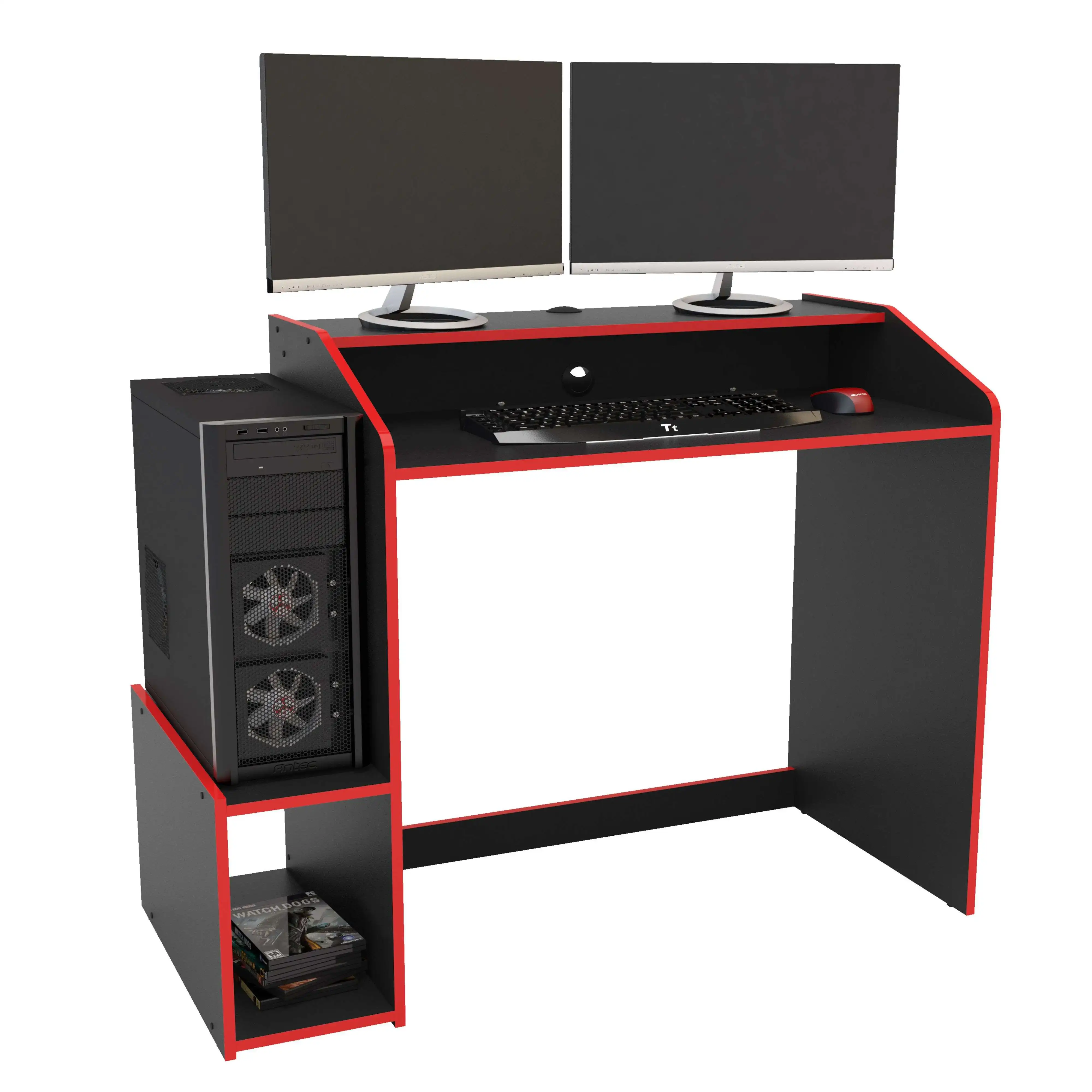 Tavolo da gioco nero e rosso stile moderno 116 cm 1 ripiano con schermo in melammina loft