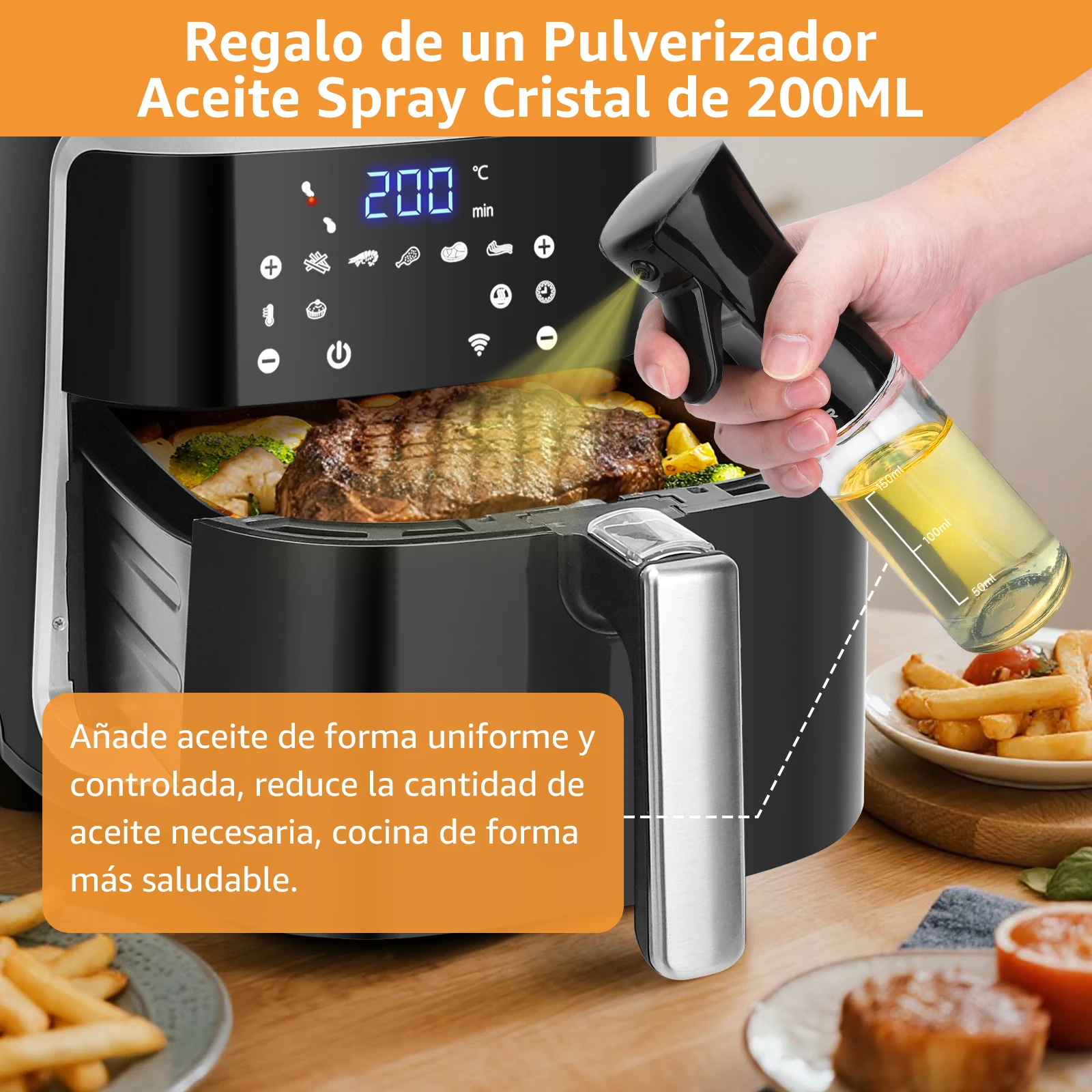 Friggitrice ad aria senza olio AIGOSTAR 7L,1900W, Smart. Connessione Wi-Fi. Touch screen LED, 7 funzioni preimpostate + modalità mantenimento caldo e manuale, senza BPA
