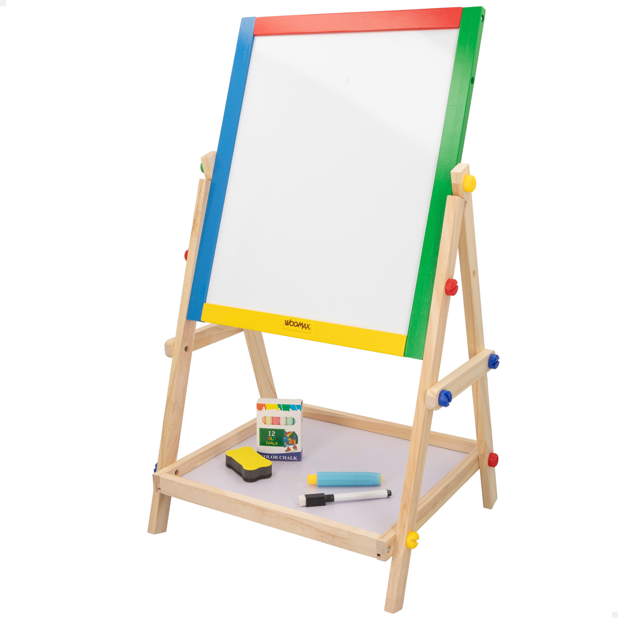 WOOMAX 40x36.5x68 cm de madeira dupla face Ardósia de madeira cavalete infantil com giz, borracha preta e marcador, criança educacional para pequenos artistas recomendado a partir de 3 anos, com certificação FSC