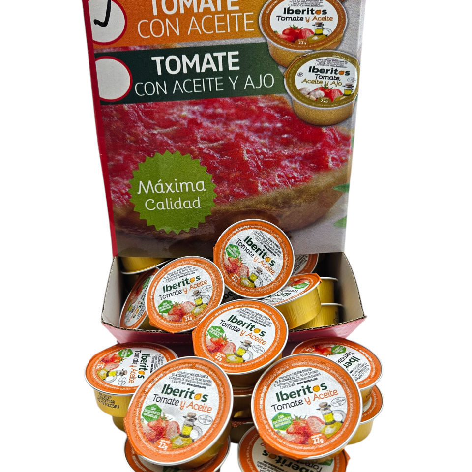 Tomate Natural Rallado con Aceite de Oliva Monodosis Iberitos - Expositor con 120 monodosis de 22 gramos - Tomate Natural Rallado con Aceite de Oliva - Especial Hosteleria - Totalmente Natural