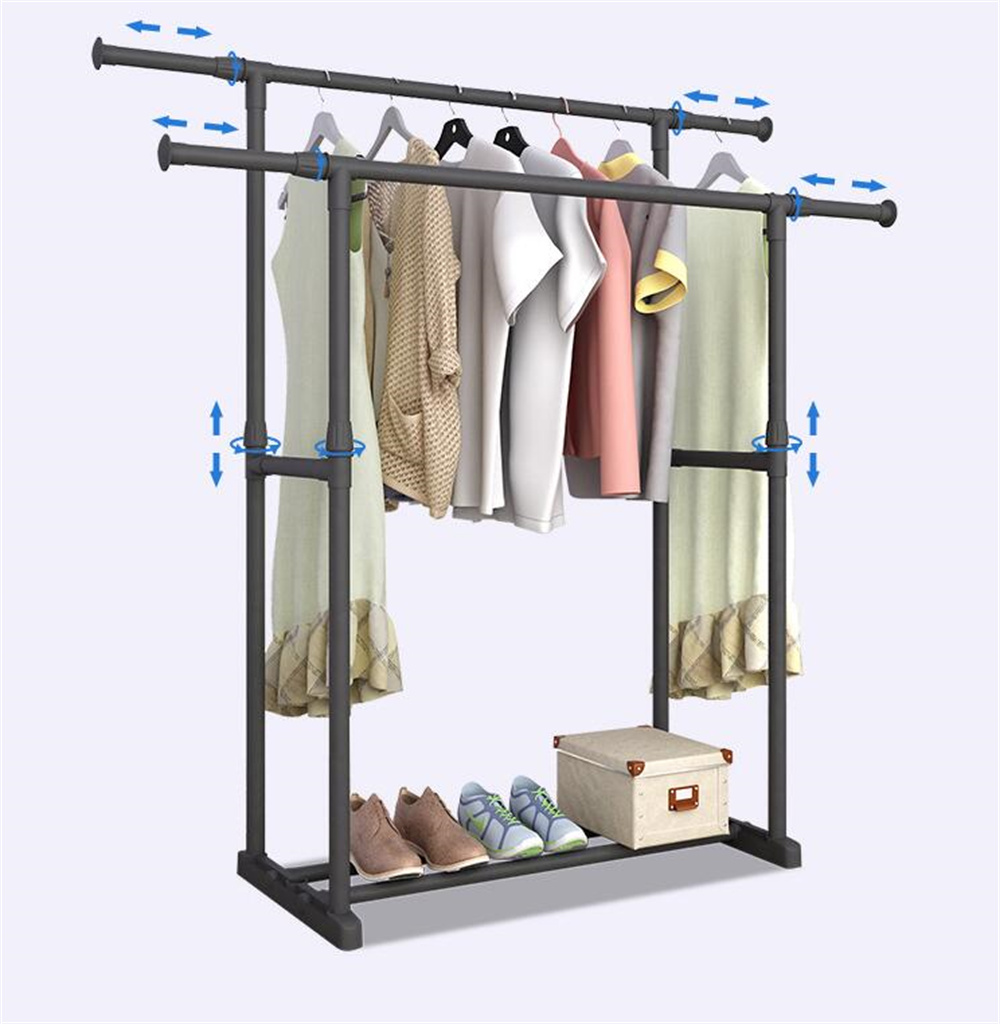 Cabide de moda simples, suporte de cabide reforçado, elevador telescópico móvel, mobiliário doméstico, cabide de moda simples, haste dupla ajustável com bolsa de roda, cachecol, boné