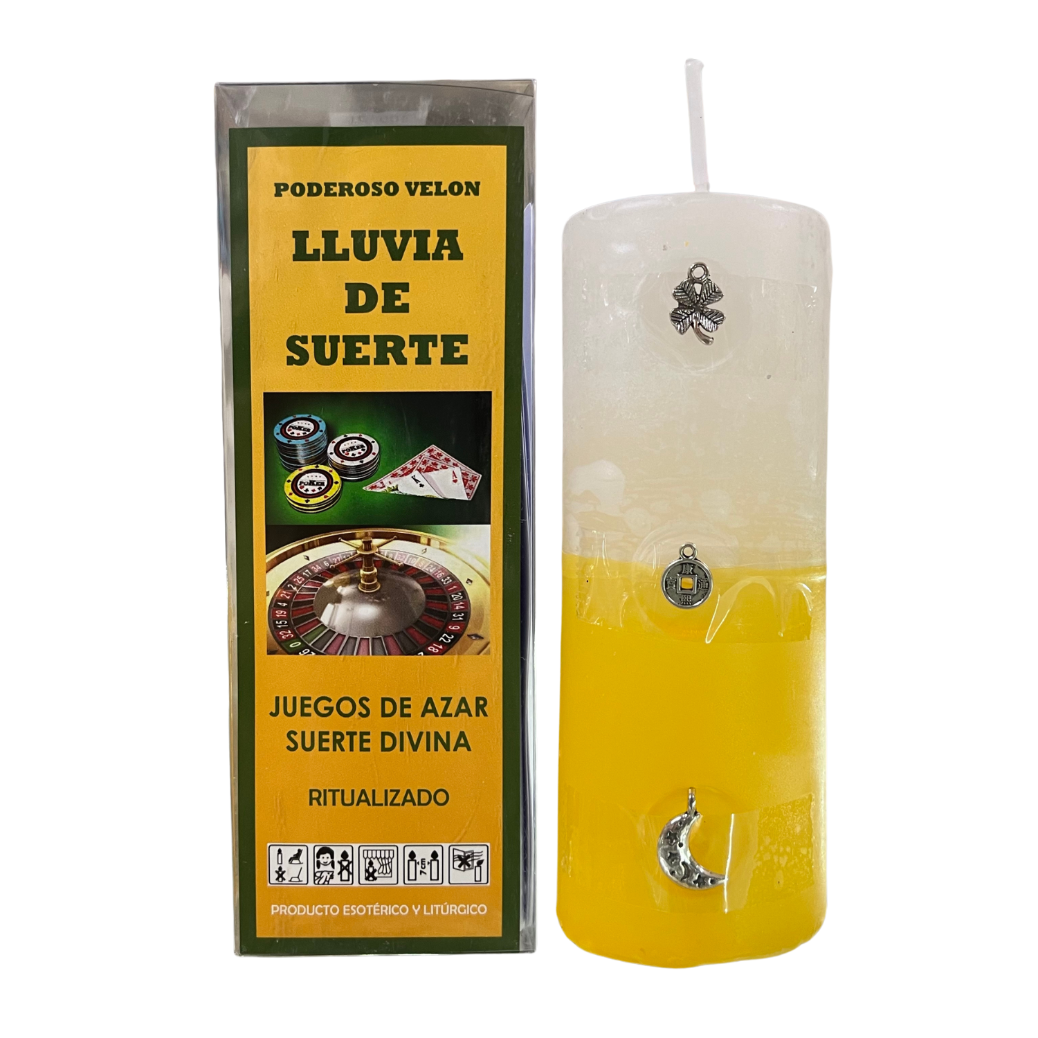 THE BUBBLE SHOP - Velón de Lluvia de Suerte para Suerte Divina y Juegos de Azar  Poderoso Velón Ritualizado para Atracción de Suerte, Fortuna y Dinero  Vela Amarilla y Blanca con Amuletos de Trébol, Moneda China y Luna, Polvos Dorados y Oración.